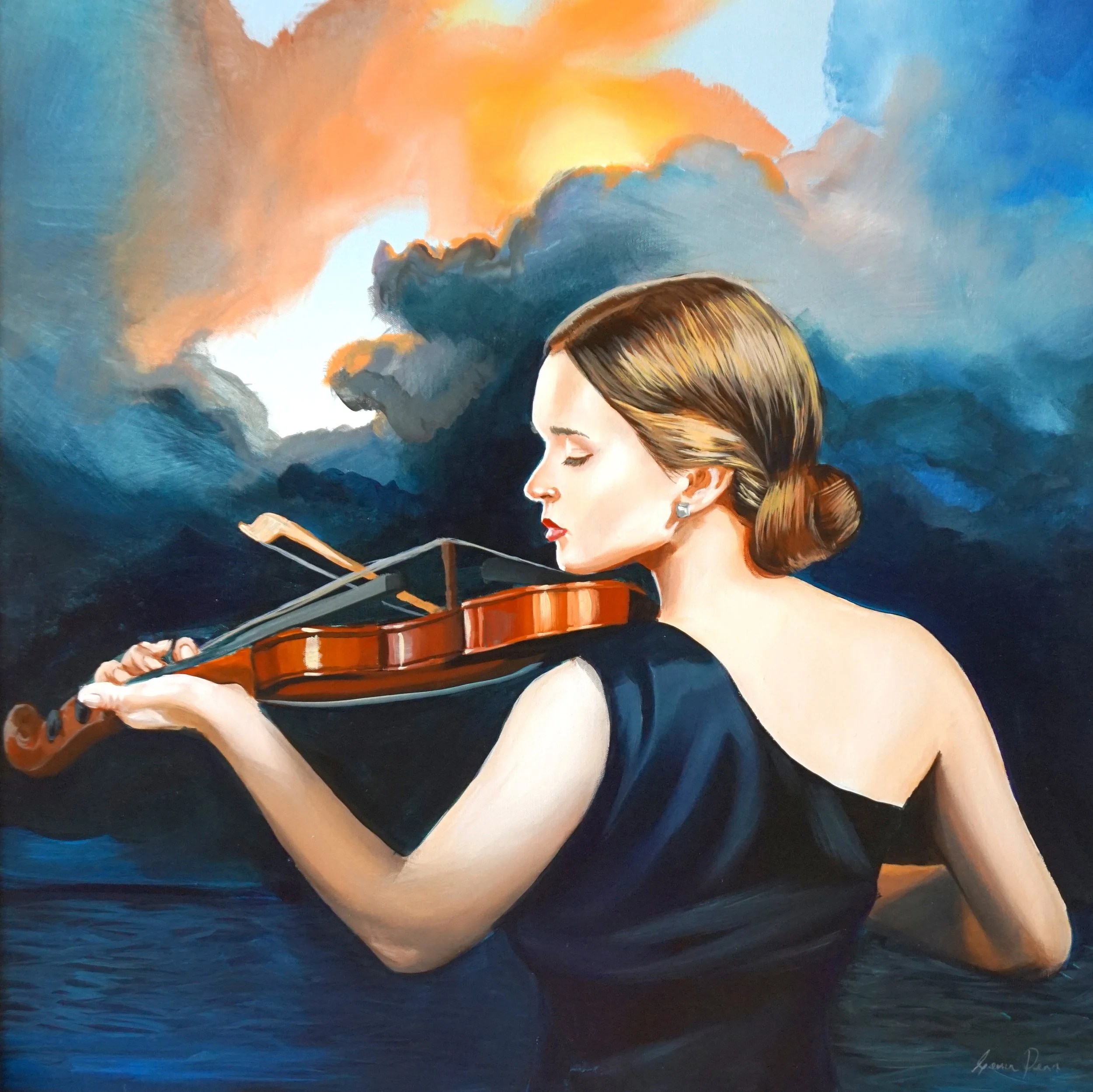 A woman with brown hair playing the violin against a colorful abstract sky background.