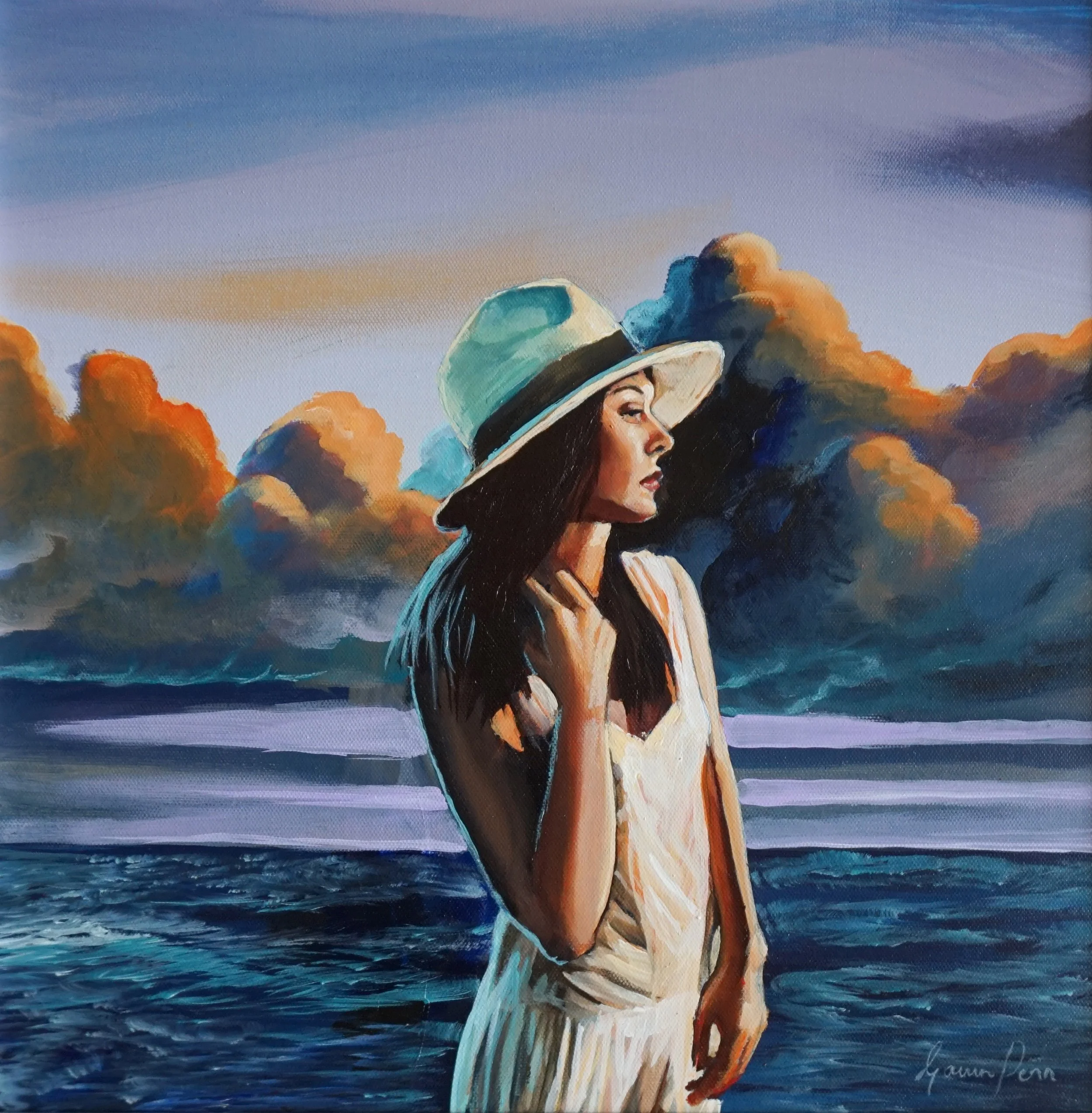 A woman wearing a large wide-brimmed hat with a blue ribbon, standing near the ocean with clouds and a blue sky in the background, painted in an impressionist style.