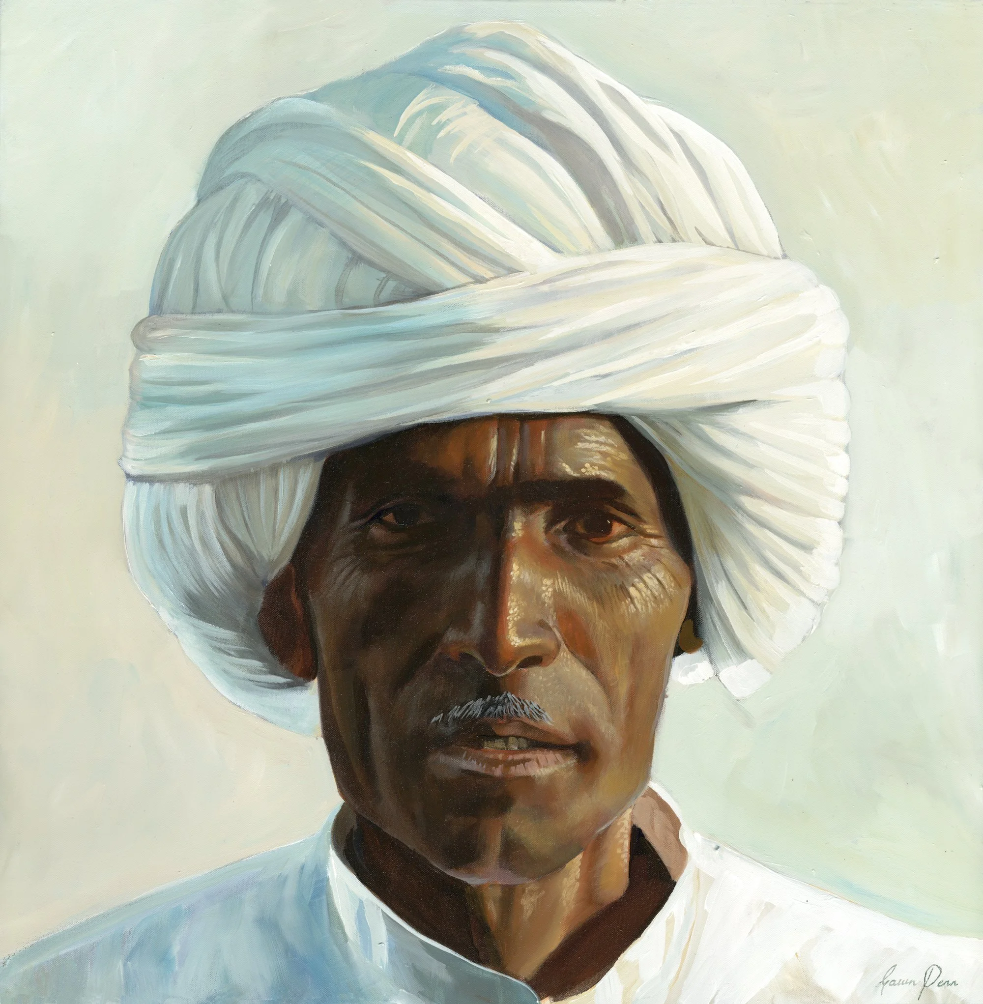 Painting of a man with dark skin, wearing a large white turban and light blue clothing.