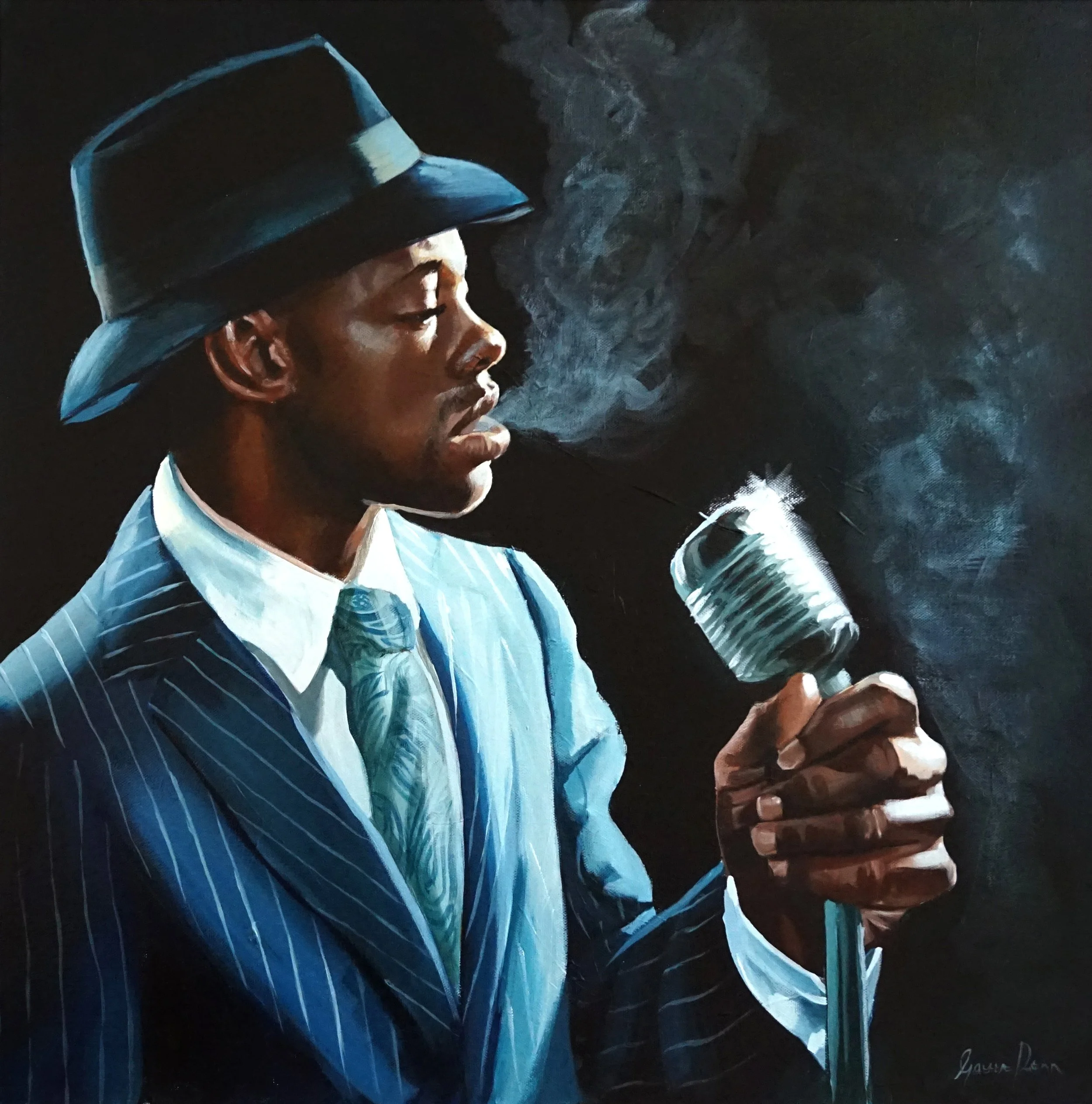 A woman wearing a large hat, white collared shirt, and striped blue jacket sits with closed eyes, exhaling smoke or steam in a dark setting.