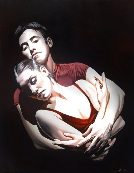 A painting of a man and woman embracing, both with closed eyes, dark hair, and wearing red clothing, set against a black background.