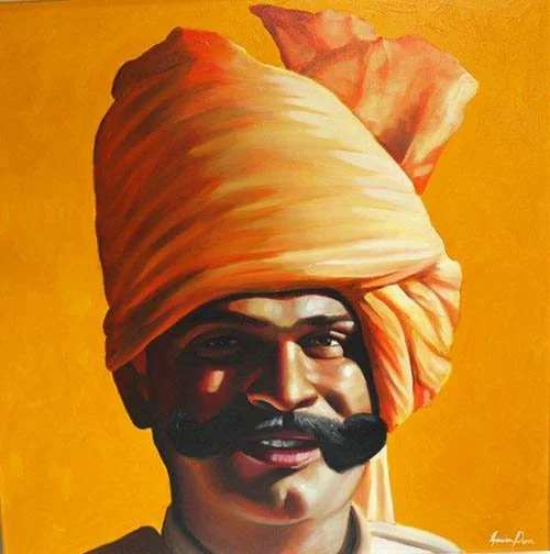 Painting of a man with a mustache and a turban against a yellow background.