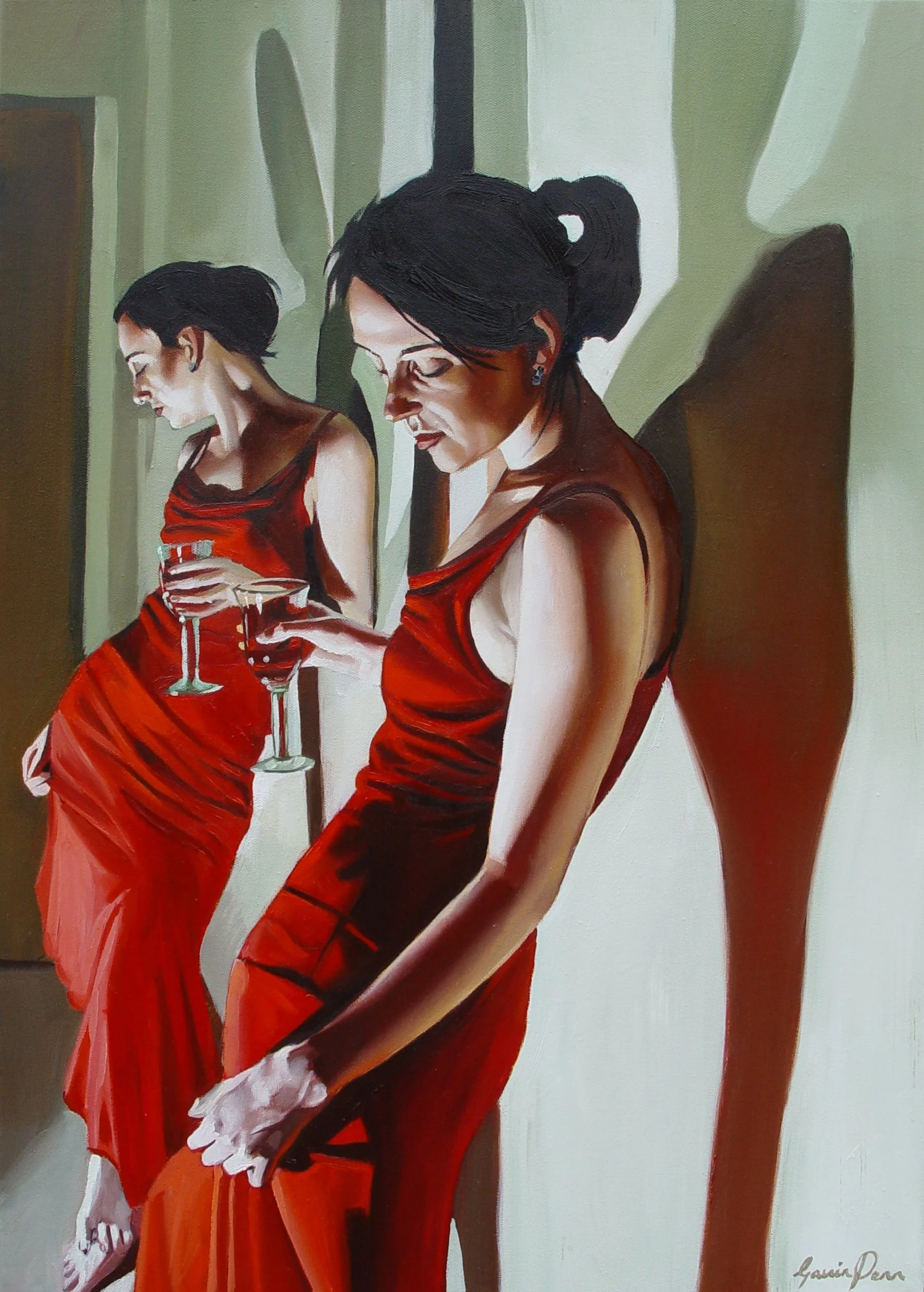 Painting of two women in elegant red dresses holding glasses of wine, standing side by side with shadows cast behind them on a neutral background.