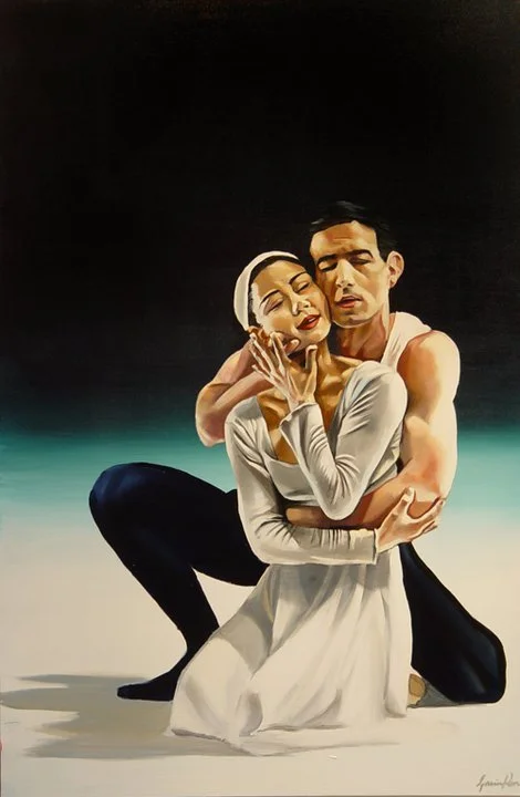 Painting of a dancing couple in a passionate pose, with the woman in a white dress and the man in dark pants and a white shirt, against a gradient background.