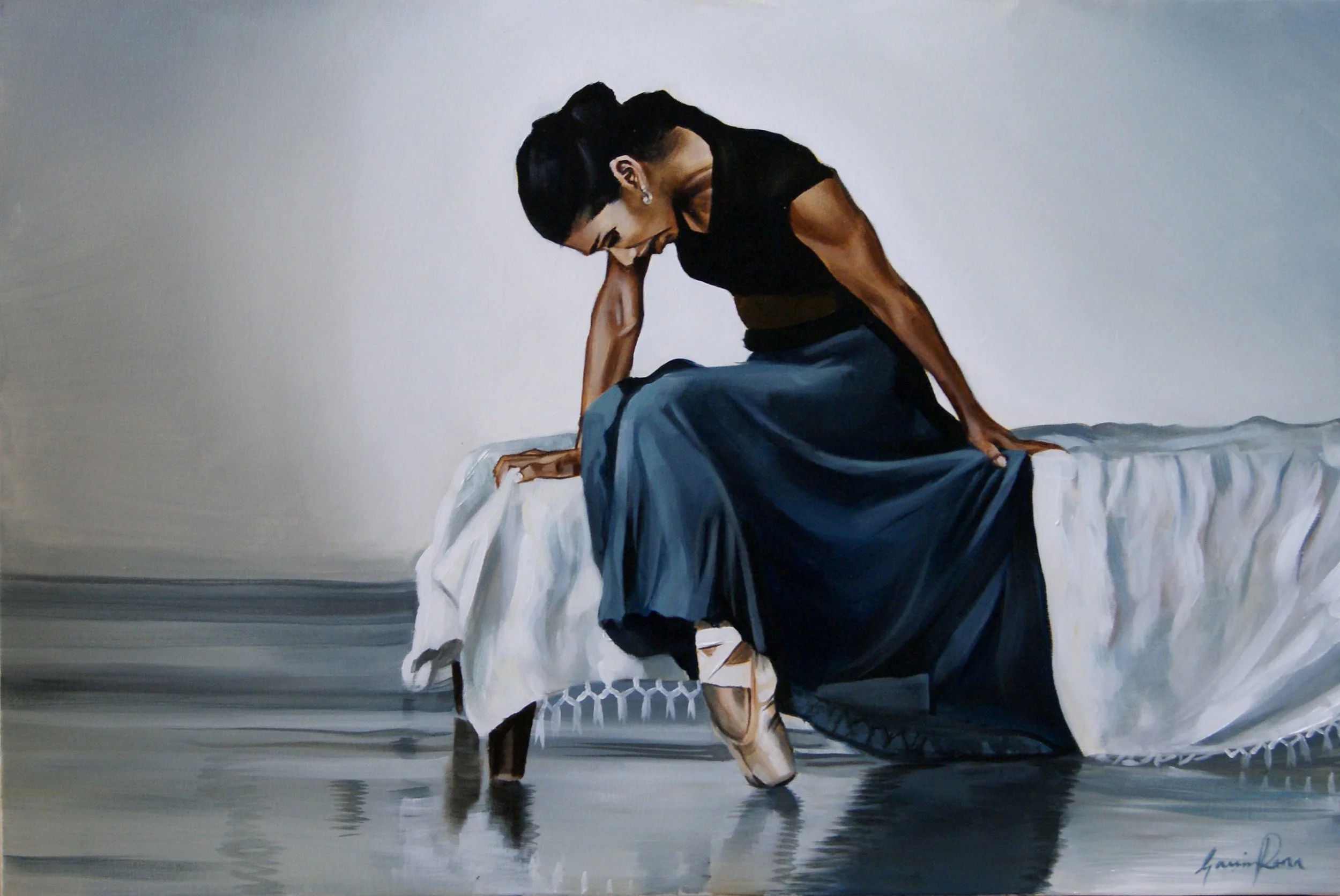 A painting of a woman in a black top and blue skirt, ballet shoes, sitting on a chair with her head tilted down, looking at her foot.