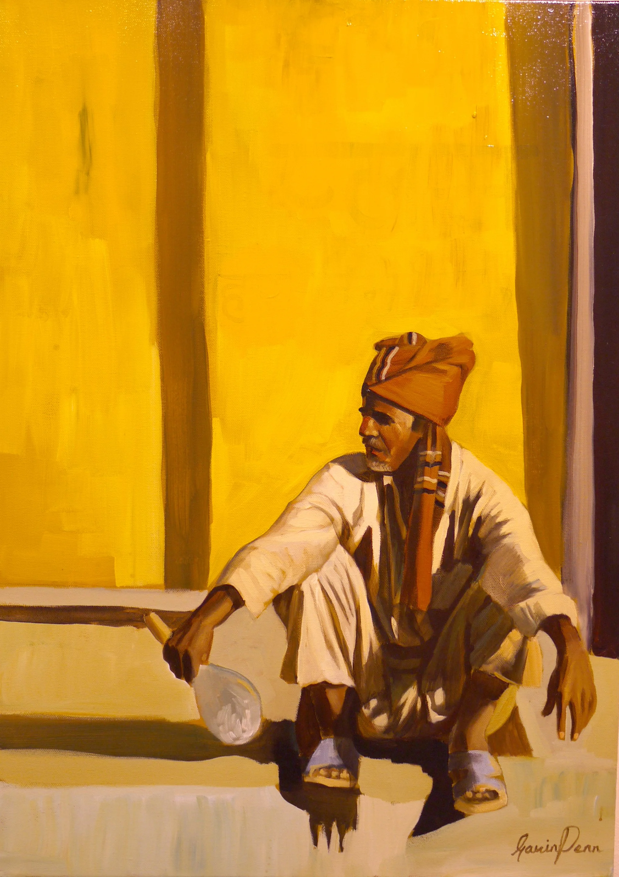 A painting of a man in a white shirt and brown turban sitting in a room with a yellow wall and window, holding a ball in one hand, signed by Garing Penn.