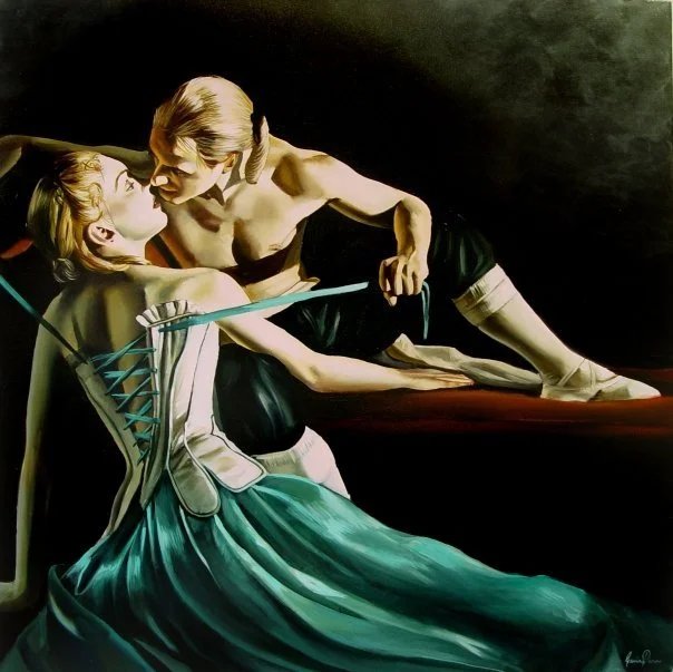 A painting of a woman sitting in a chair and a shirtless man leaning over her, both gazing into each other's eyes in an intimate moment.