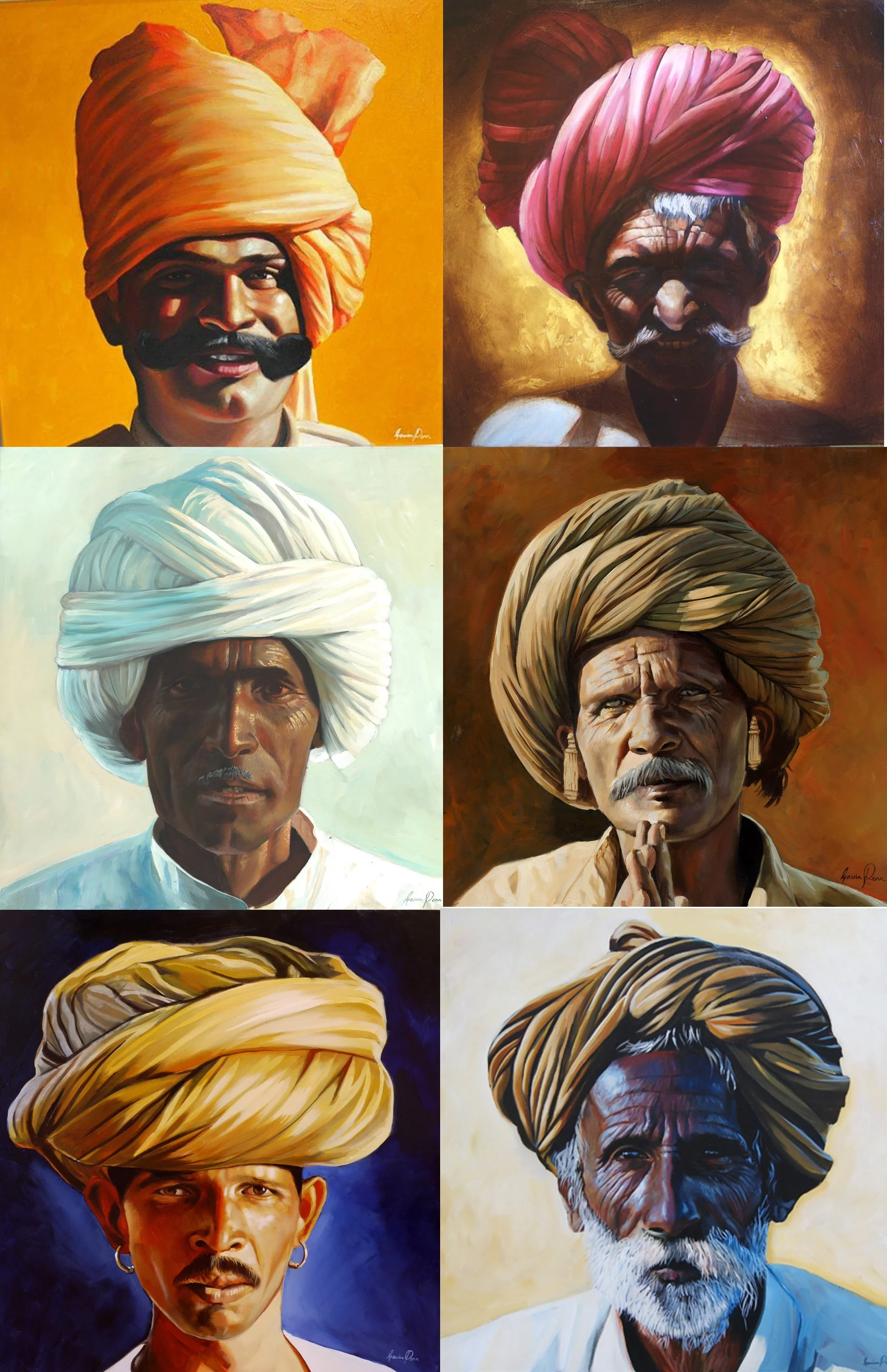 A collage of eight paintings of men wearing traditional Indian turbans, each with distinct facial features and backgrounds.