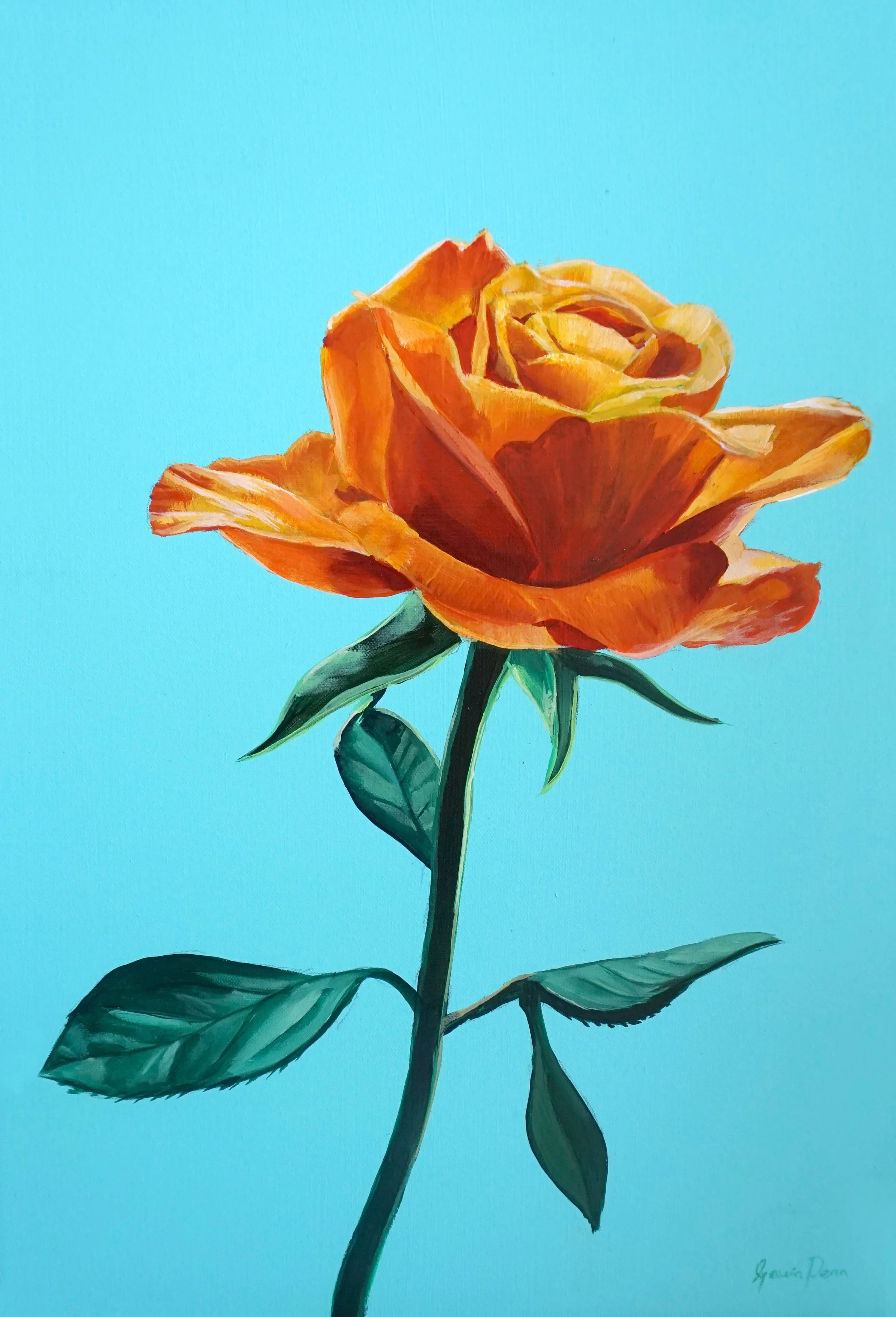 A painting of a single orange rose with green leaves against a light blue background.