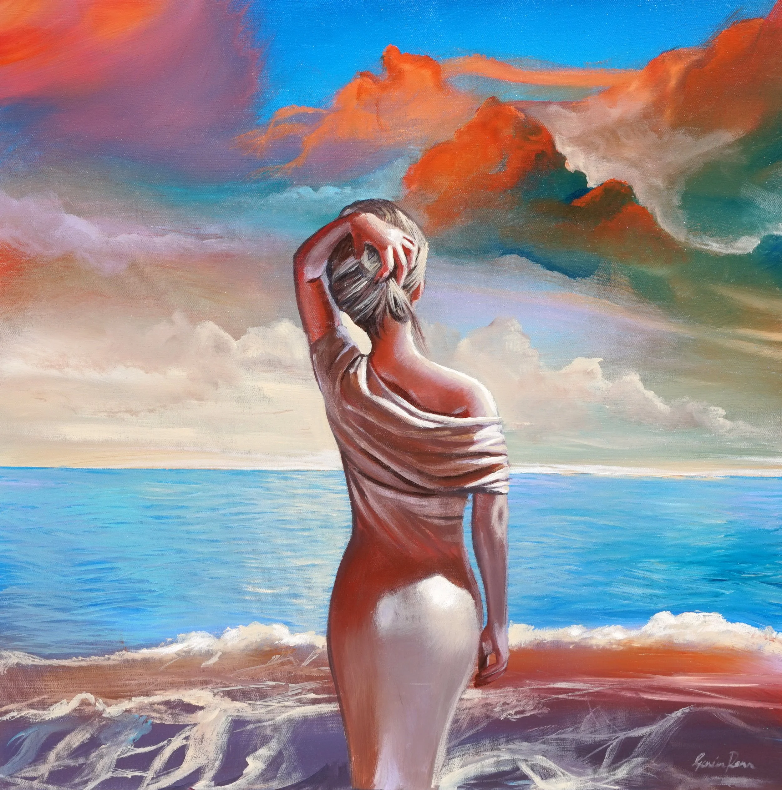 A painting of a woman with her head in her hands, facing away, with a colorful sky and clouds in the background.