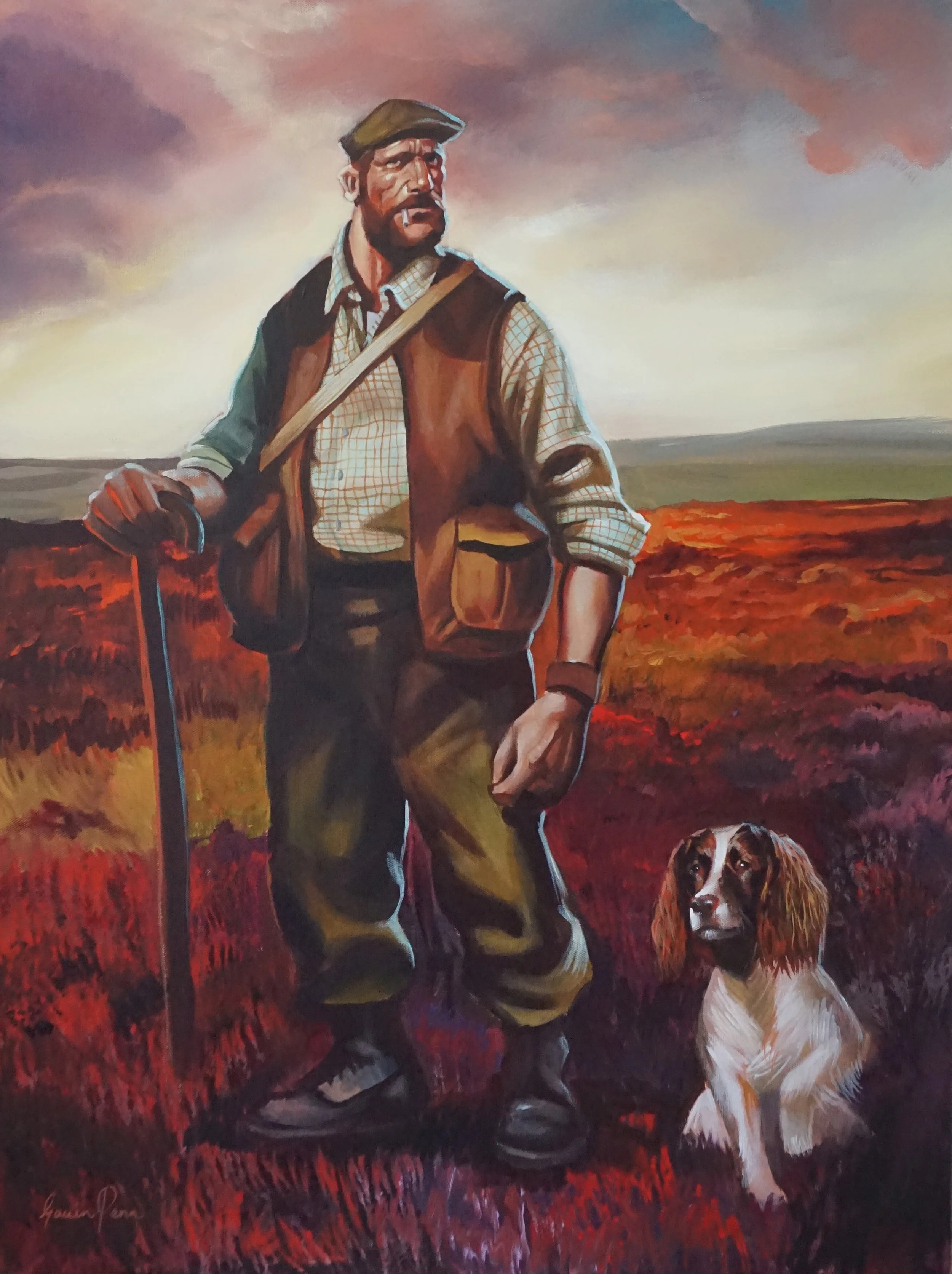 A painting of a man with a beard and mustache, dressed in outdoor clothing, holding a walking stick, with a woman dog beside him in an open landscape at sunset or sunrise with a cloudy sky.