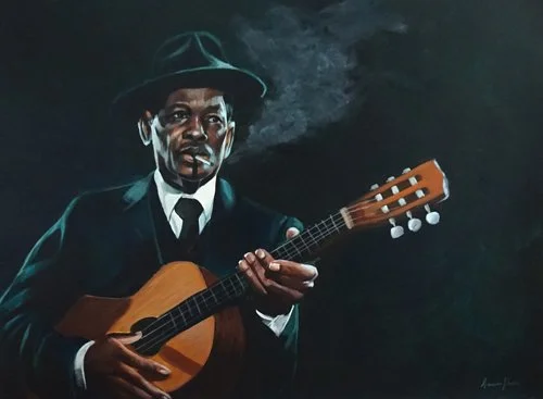 Painting of a man wearing a hat and suit, playing a guitar against a dark background.