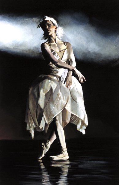 A ballet dancer in a white dress is in a dance pose against a dark background with dramatic lighting.