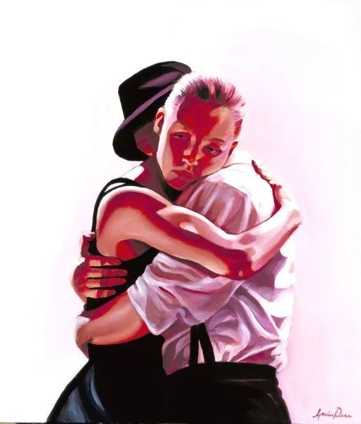 Illustration of a young girl with platinum blonde hair wearing a black hat embracing a person dressed in white, hugging tightly against a plain white background.