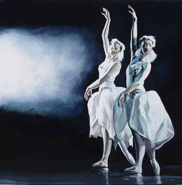 Painting of two ballerinas in motion, dressed in white dresses with flowing skirts, on a dark stage with a spotlight illuminating their figures.