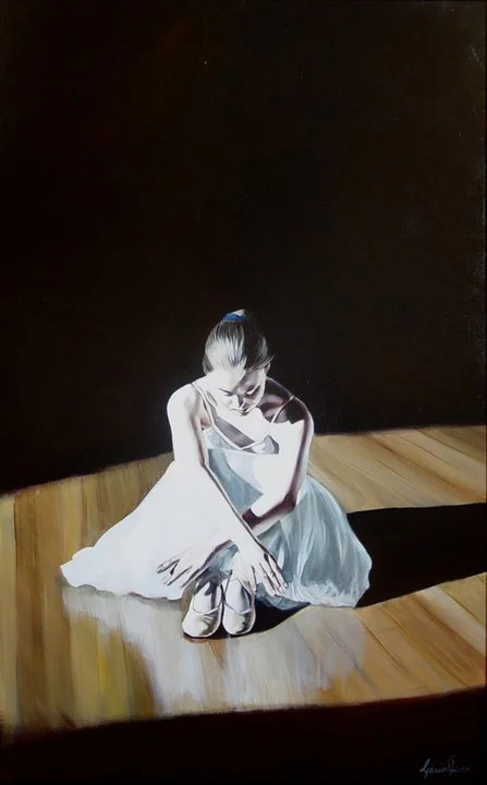 Illustration of a ballerina sitting on a wooden stage with a dark background, wearing a tutu and pointe shoes, with her head bowed.