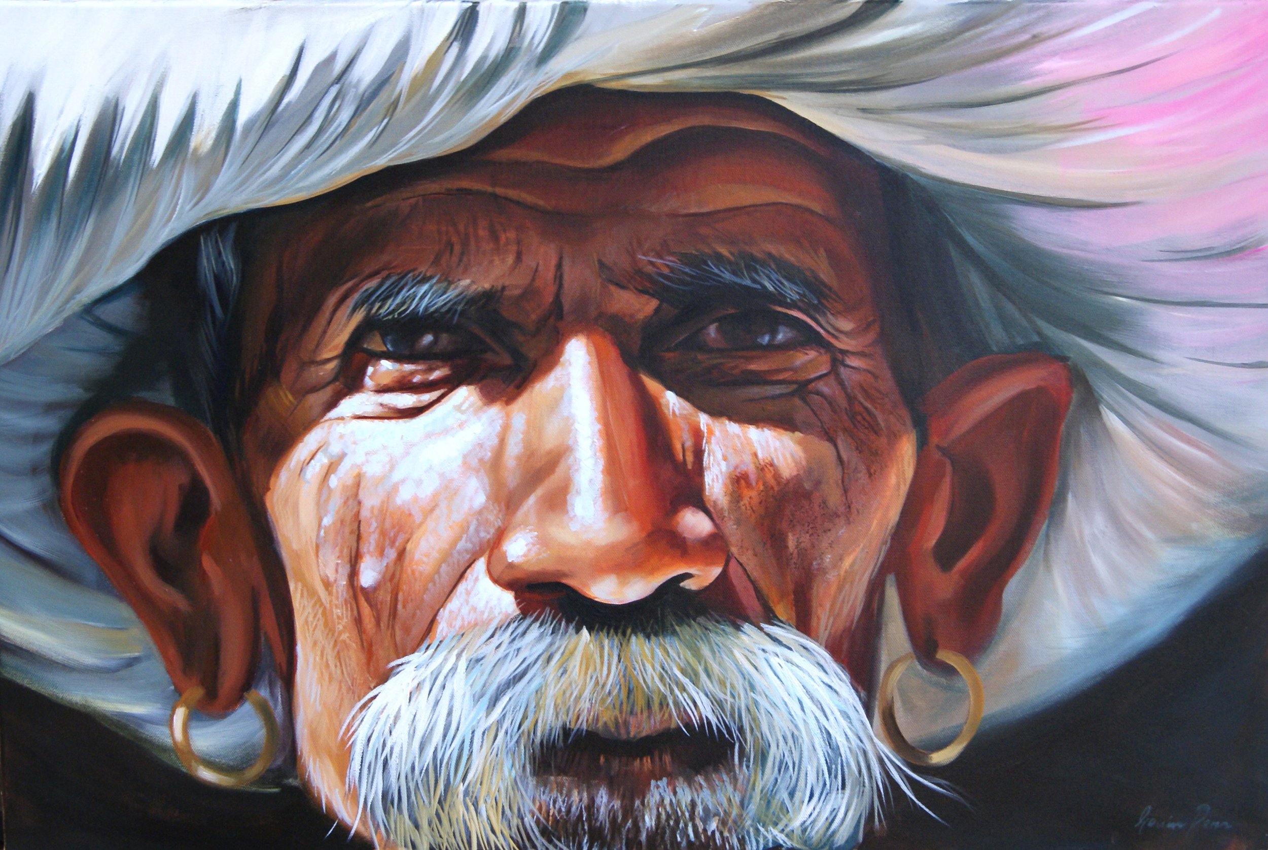 Close-up painting of an elderly man with a white beard and mustache, wearing large golden hoop earrings and a white turban, expressive detailed facial features.