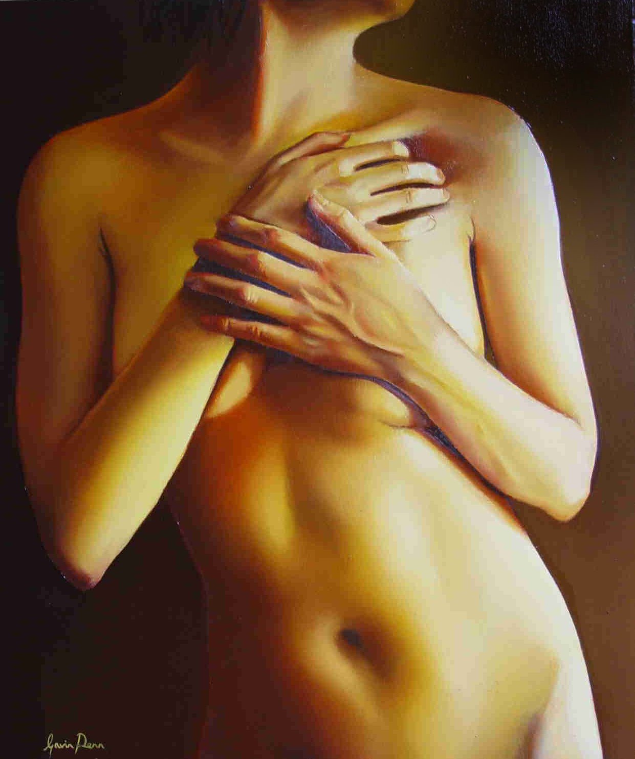 A painting of a nude woman with her hands crossed over her chest, covering her breasts. The artwork focuses on her upper body, showing her shoulders, arms, and part of her face and hair, with warm tones and detailed shading.