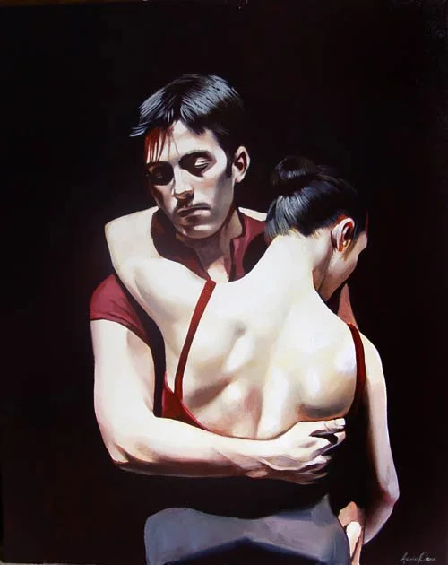 A painting of a man and woman in an intimate embrace, with the woman facing away and the man holding her. The man has dark hair and wears a red shirt, while the woman has dark hair styled in a bun and is wearing a red top.