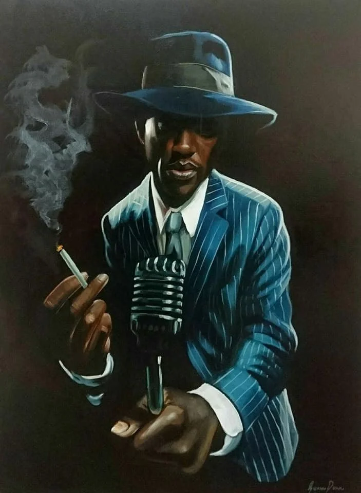 Painting of a man in a pinstripe blue suit, wearing a fedora and sunglasses, holding a cigar in one hand and a vintage microphone in the other.