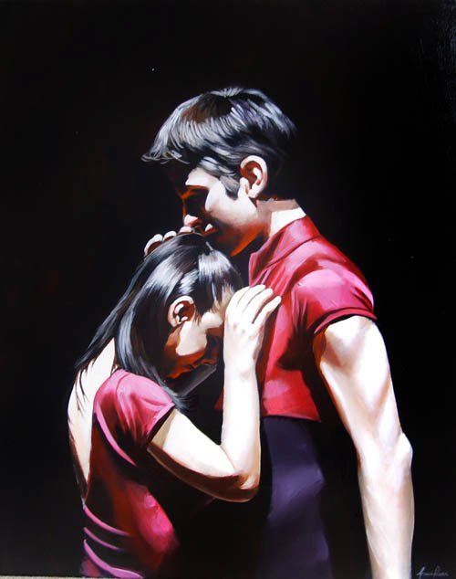 A painting of a man and a woman in a loving embrace, with the woman resting her head on the man's chest and the man gently holding her, both wearing red shirts.