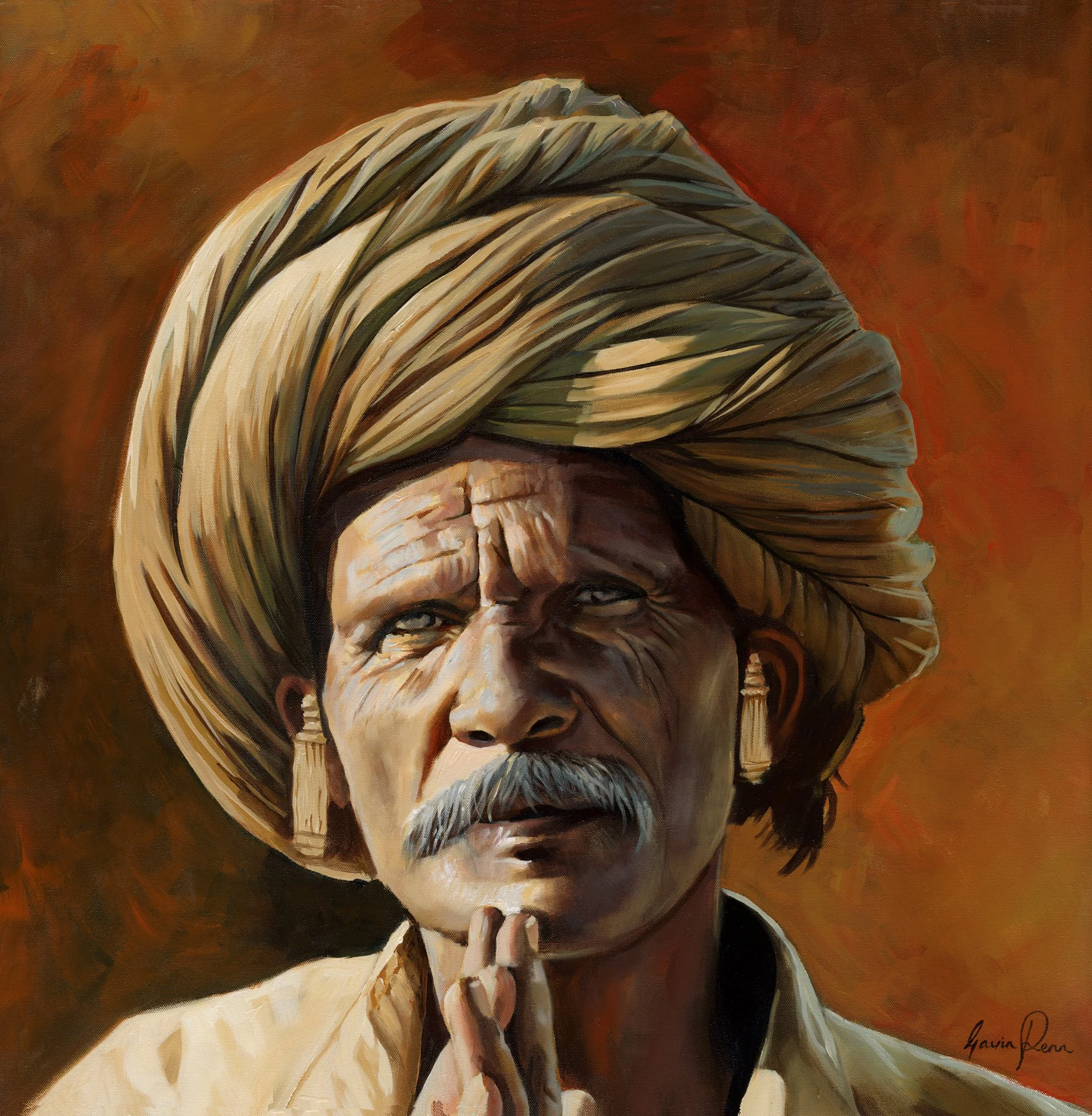A realistic painting of a man wearing a turban and a white suit, with his hand resting on his chin, against an orange background.