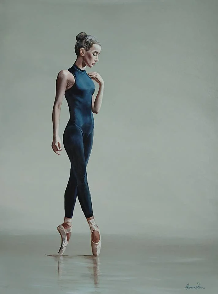 A detailed painting of a slender ballerina in a navy blue leotard, standing on pointe shoes with her left hand gently touching her chest, against a plain light background.