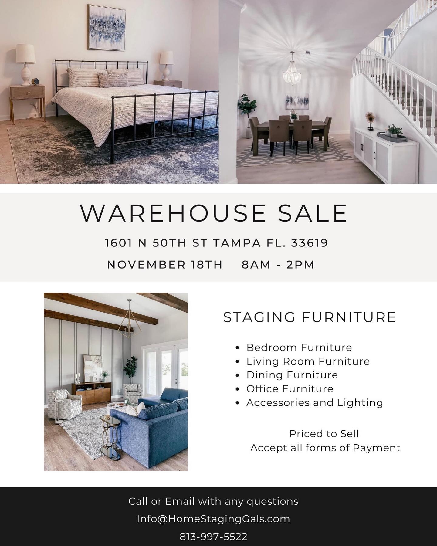 We are excited to announce we will be having another Warehouse Sale! November 18th from 8am-2pm! 

Mark your calendar 🗓️ 

#homestaging #furnituresale #furniture #sale
