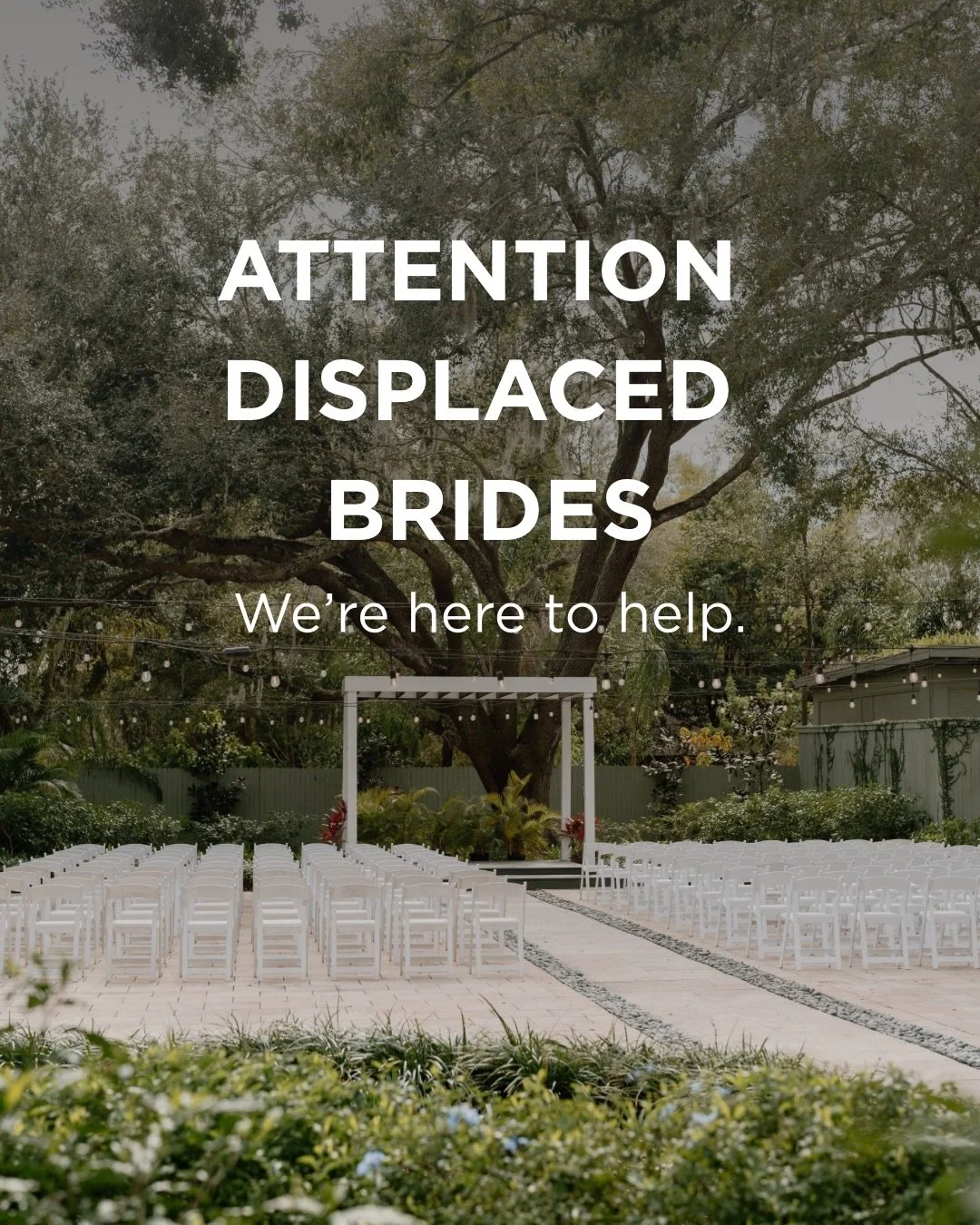 🚨 ATTENTION DISPLACED BRIDES 🚨

If you&rsquo;re one of the many couples without a venue because of recent closures in the St. Pete area&mdash; you don&rsquo;t have to figure this out alone. We&rsquo;re here to help you find somewhere even better.

