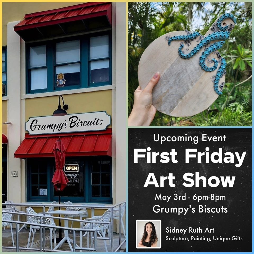 Reminder that tomorrow Grumpy&rsquo;s will be open late for EGAD&rsquo;s First Friday Event. Stop by between 6 - 8 pm to see the wonderful work by local artist @sidneyruth_art
We&rsquo;ll have mac &amp; cheese, refreshments, samples, and biscuits gal