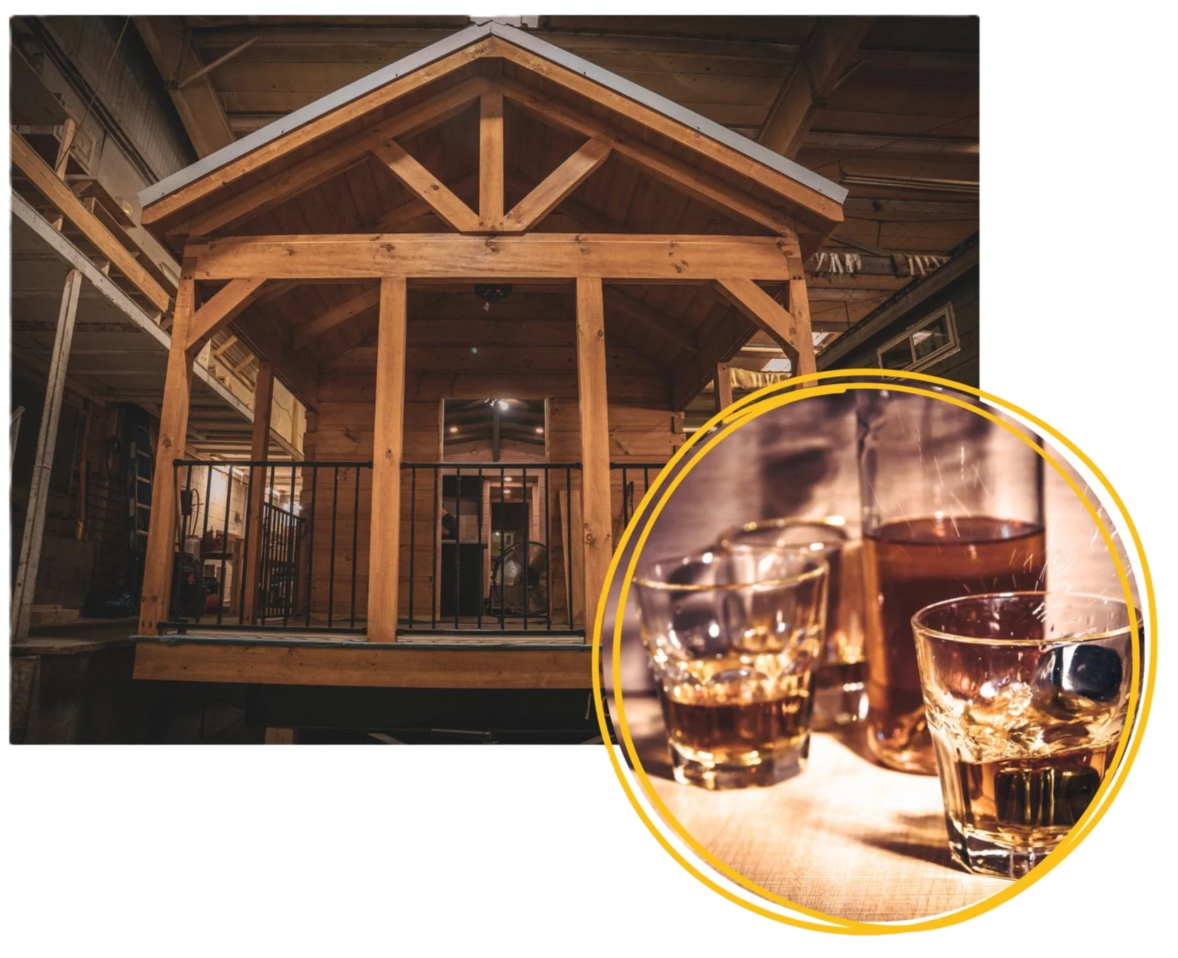 A wooden house under construction in a warehouse or workshop, with an overlay of three glasses of whiskey and ice cubes in the foreground.
