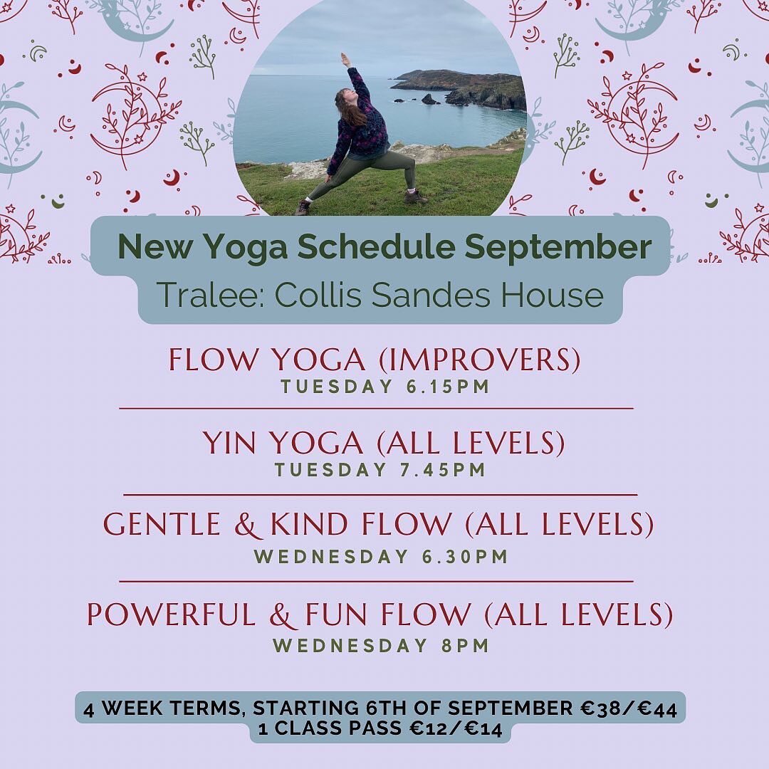 September Classes starting next week ✨🌀🔮
Schedule: 
✨Flow Yoga level 2/Improvers Tuesday 6.15pm - spots left
✨ Yin Yoga Tuesday 7.45pm - fully booked 
 ✨ Gentle &amp; Kind Flow all levels Wednesday 6.30pm - fully booked 
✨ Powerful &amp; Fun Flow W