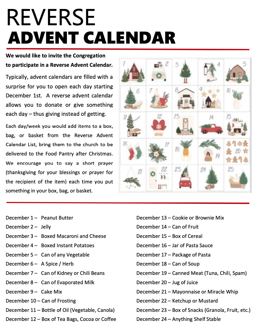 Reverse Advent Calendar First Presbyterian Church of Horseheads Reverse Advent Calendar First Presbyterian Church of Horseheads
