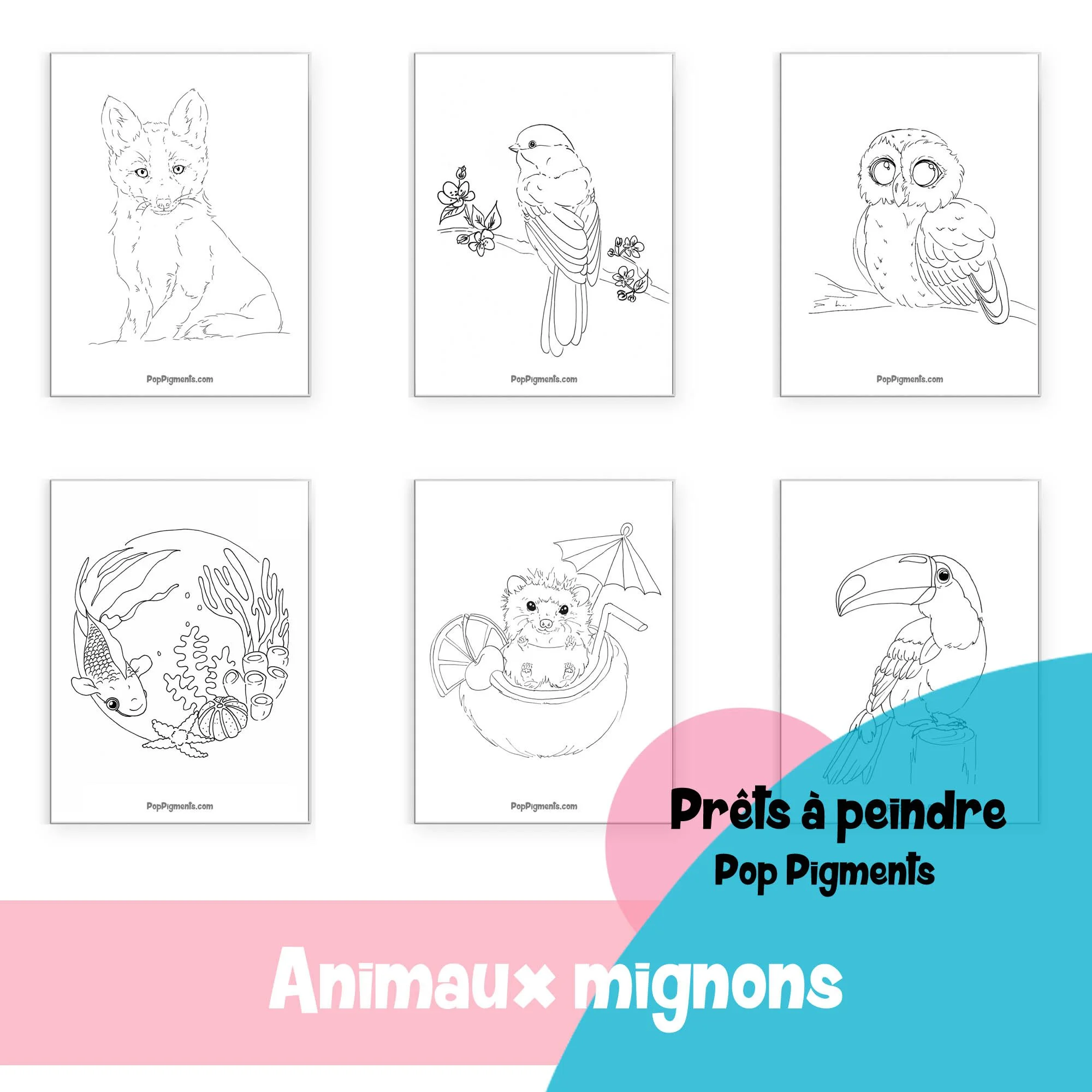 Croquis aquarelle prêt à peindre - Animaux mignons par Pop Pigments