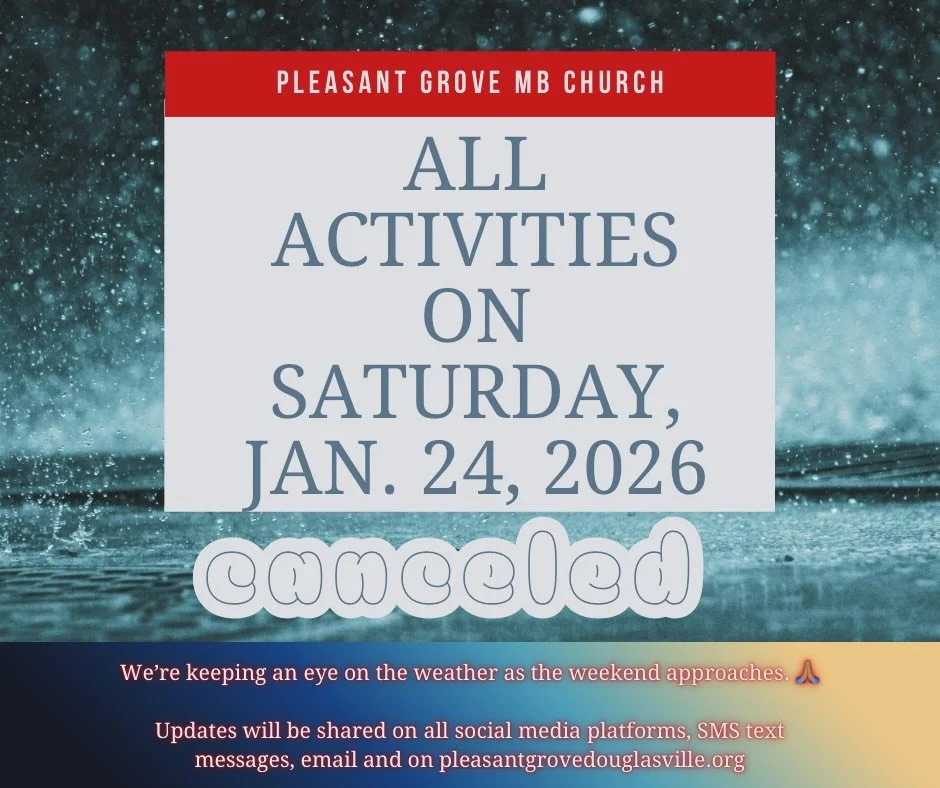 Attention PGMBC‼️

No activities on Saturday, January 24, 2026, due to the winter ice storm forecast. 

Wishing you all a safe and peaceful day. 🙏
Let's look out for each other, especially our seasoned saints and neighbors.

Thanks, PG Staff
