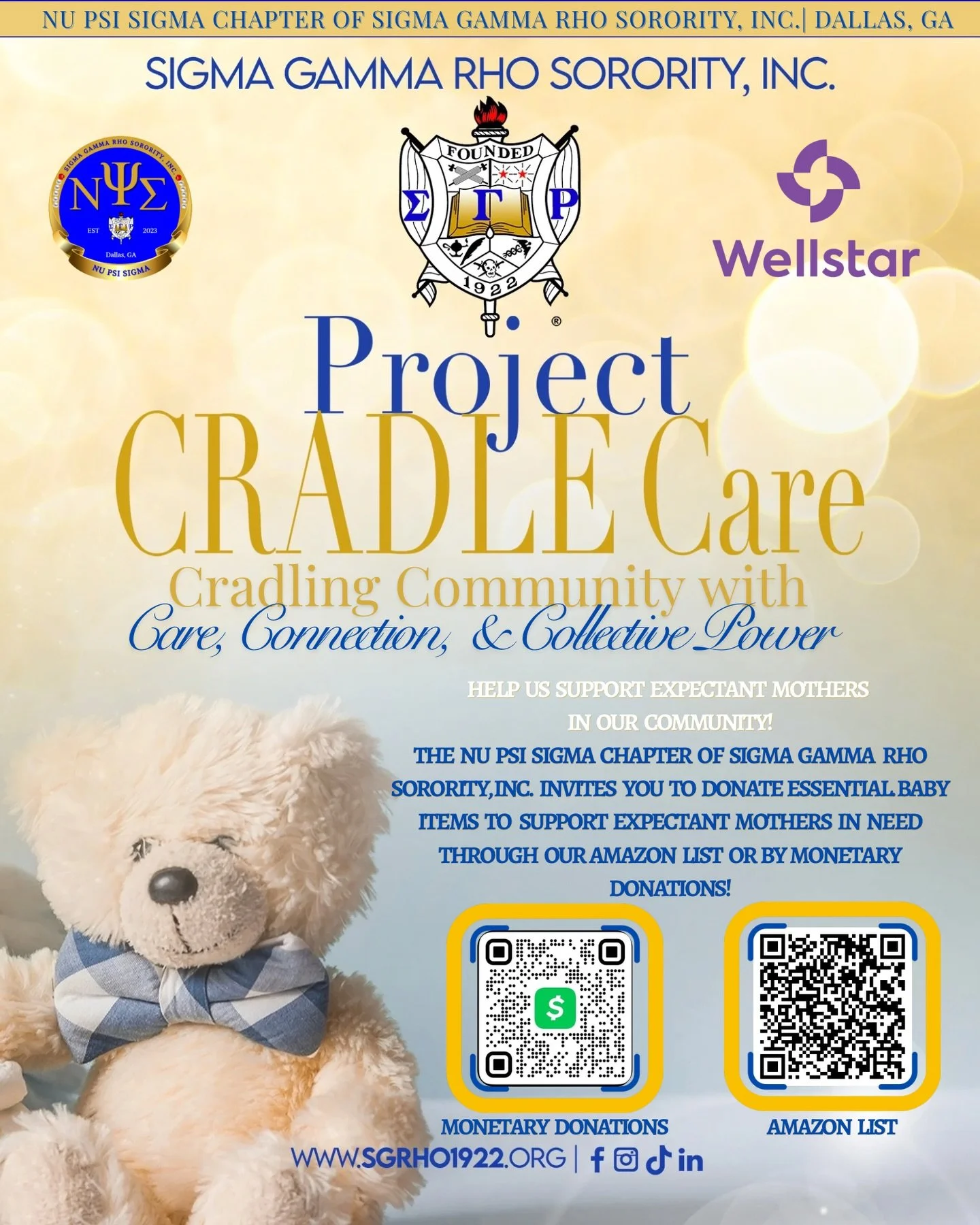 PGMBC Family/Community 💛💙

Join us in supporting Project Cradle Care, a powerful initiative with Sigma Gamma Rho Sorority, Inc., Nu Psi Sigma Chapter, and Wellstar Health System. We're passionate about uplifting expectant mothers in our community.
