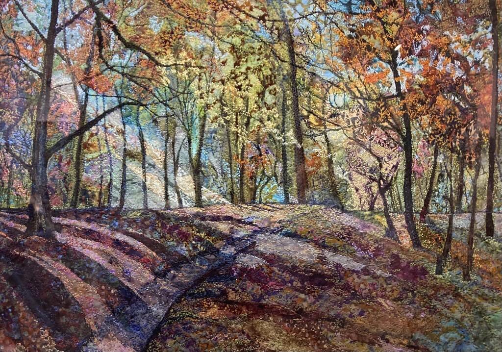 &lsquo;Dappled Light&rsquo; limited edition giclee print from embroidered textile by Thame-based artist @rachelsetford Rachel Wright. High quality frame and mount 54 x 46cm &pound;195 #cheshamgallery #autumnembroidery #autumnscenes #shopchesham #visi