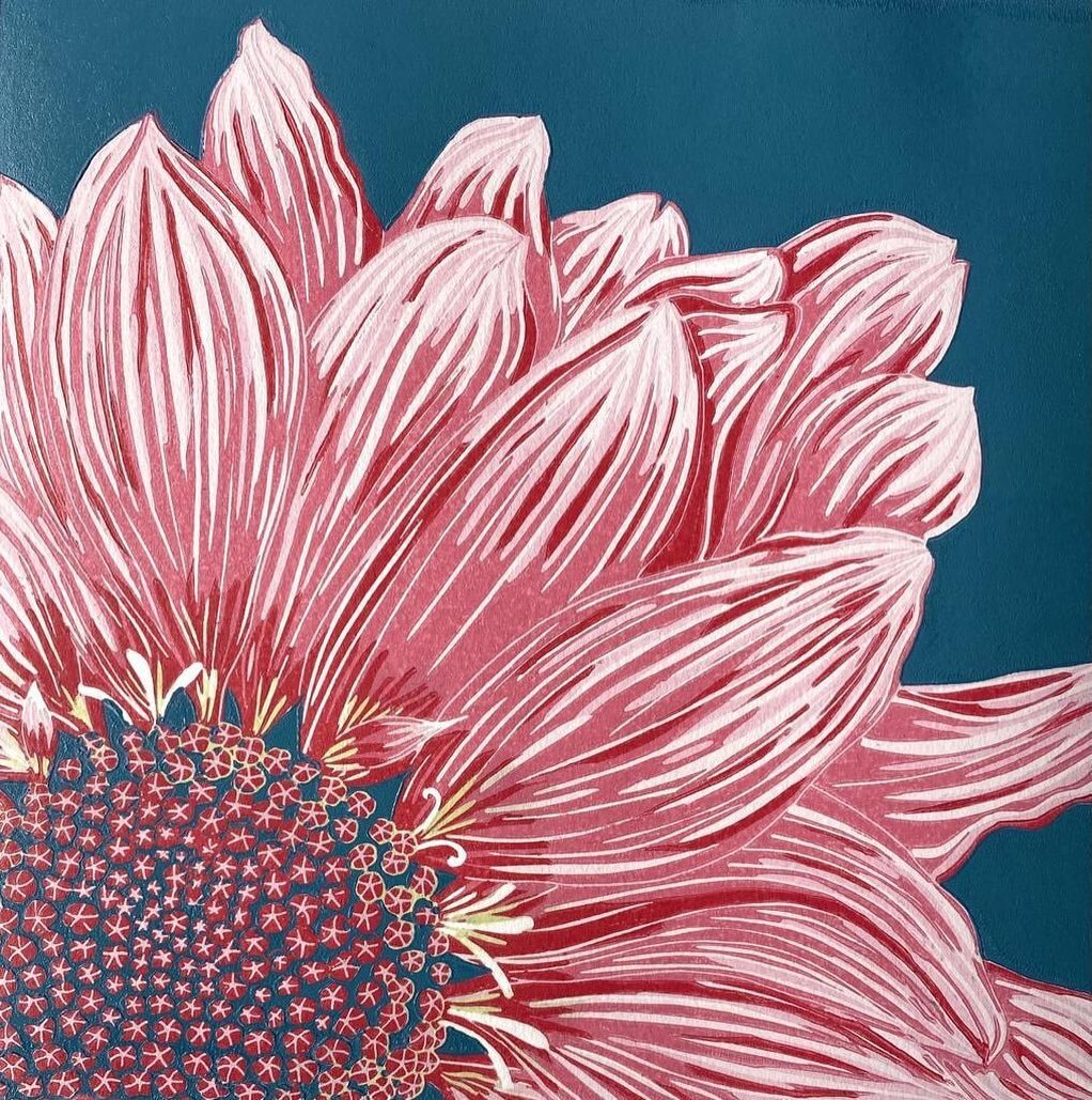 Dahlia by Nathalie Pymm. Framed 50cm square &pound;180. Five colour lino reduction print using Akua intaglio printmaking inks. &lsquo;I am a printmaker and mixed media artist based in Buckinghamshire where I love to create lino prints and bright pain