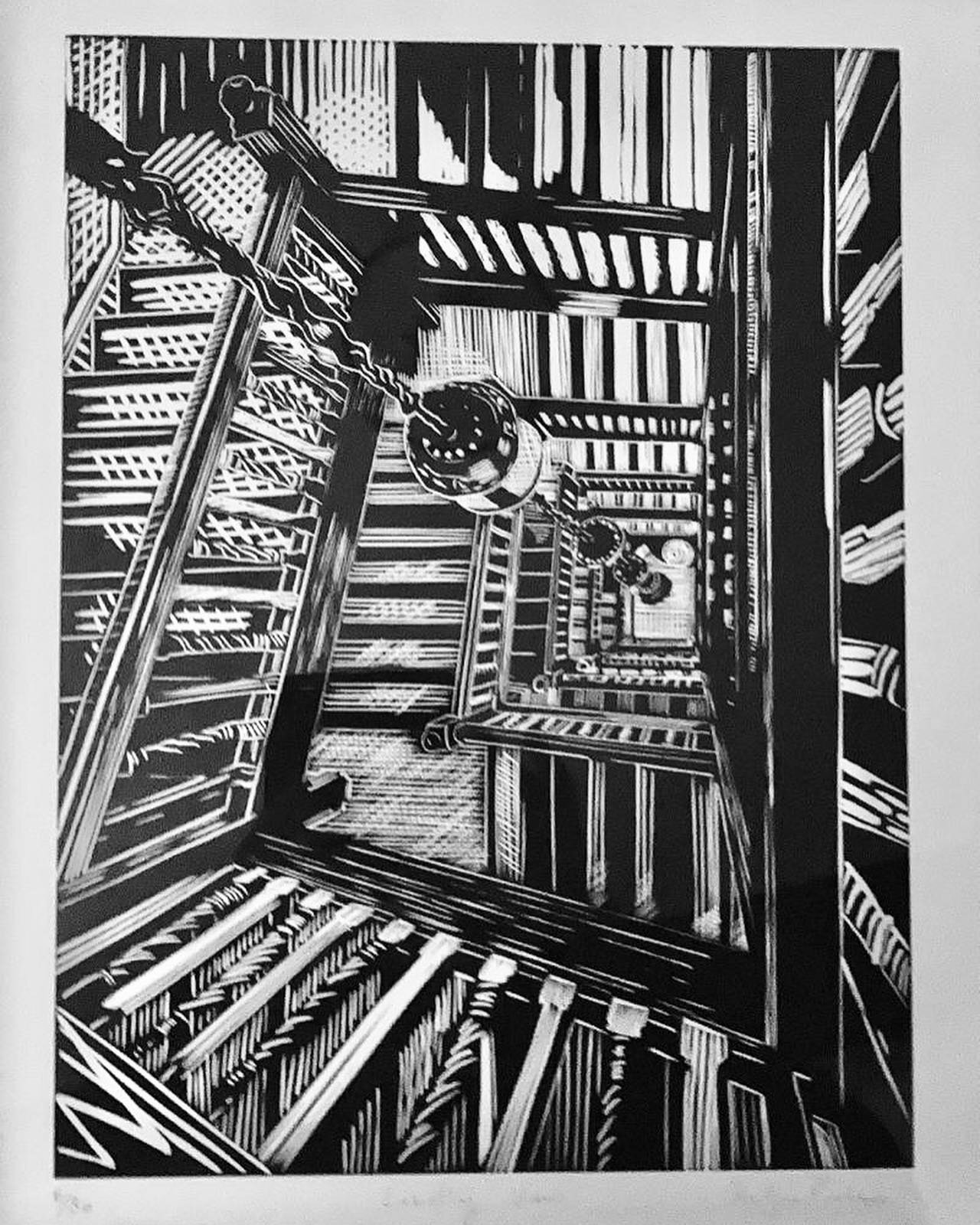 Spectacular staircase linocuts here on our gallery stairwell by printmaker @helen_boden. Did you know the famous Liberty&rsquo;s store began in Chesham High Street? &lsquo;Liberty View&rsquo; no.6 of 30 and &lsquo;Heals Helix&rsquo; no.1 of 30. Frame