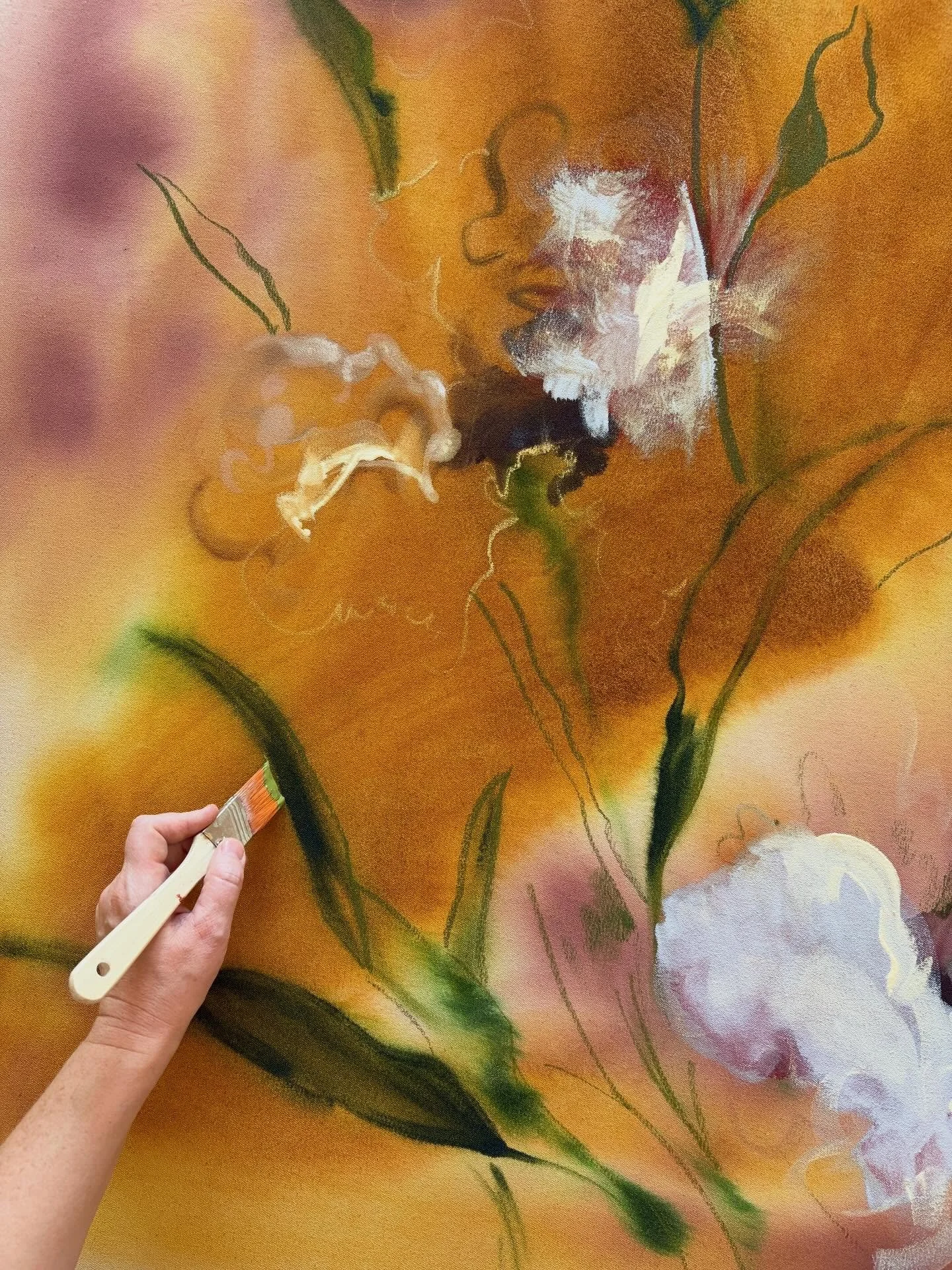 Iris on raw canvas in progress.