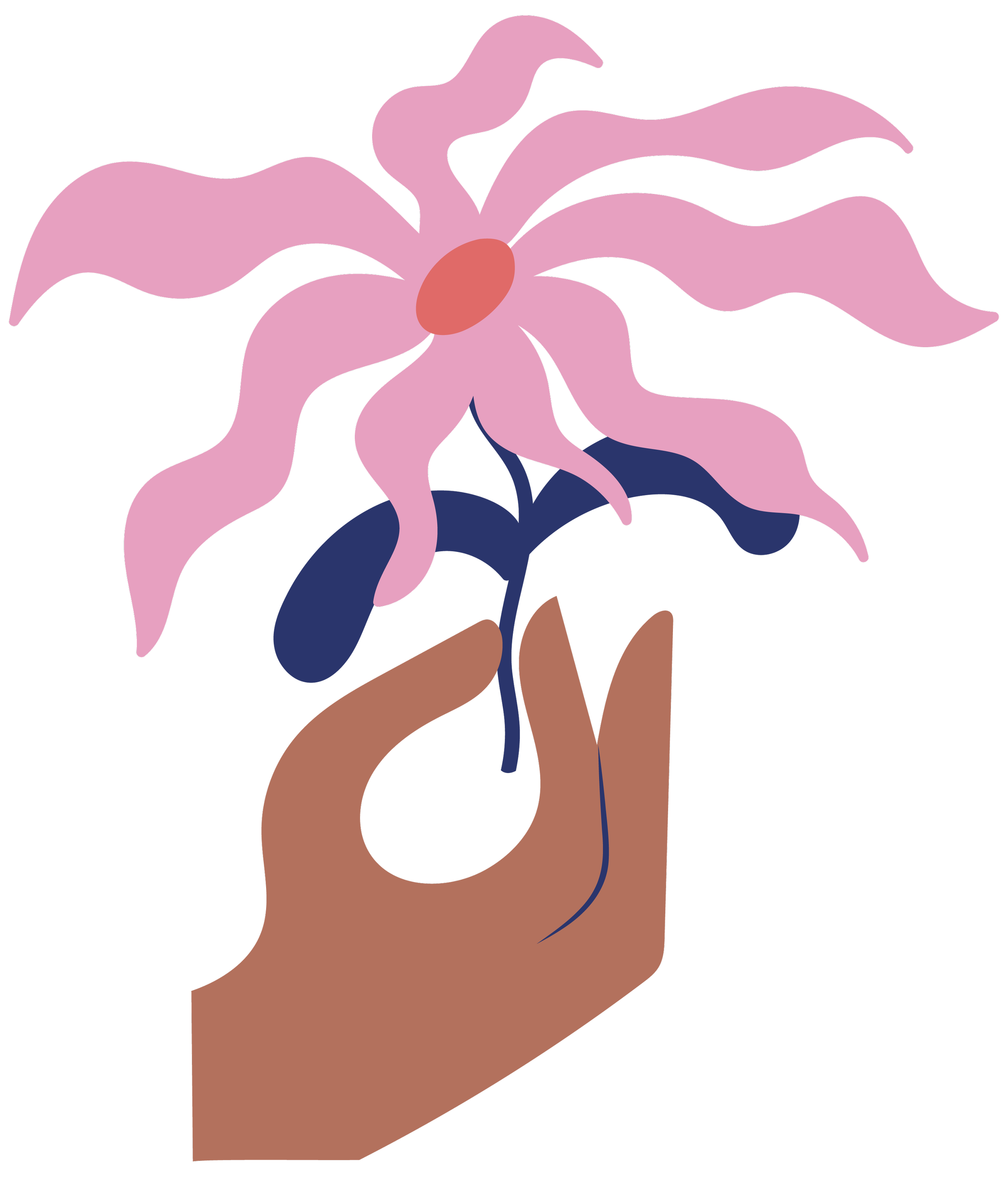 Une main tenant un micro rose devant une grande fleur rose avec un pistil marron et des feuilles vert foncé, sans contexte supplémentaire.