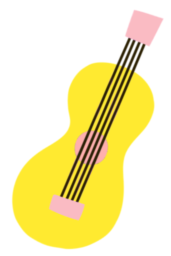 Une guitare jaune avec un chiffon rose sur le manche.
