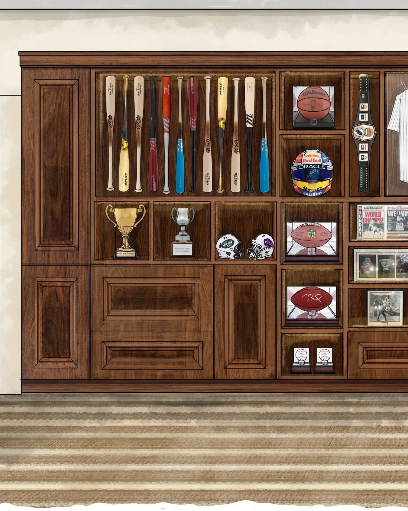 Design meets legacy. 
From Super Bowl winning footballs to F1 championship helmets, from the jersey of the Miracle game to countless moments of victory, every detail in this custom media room was designed to honor a career built on excellence and le