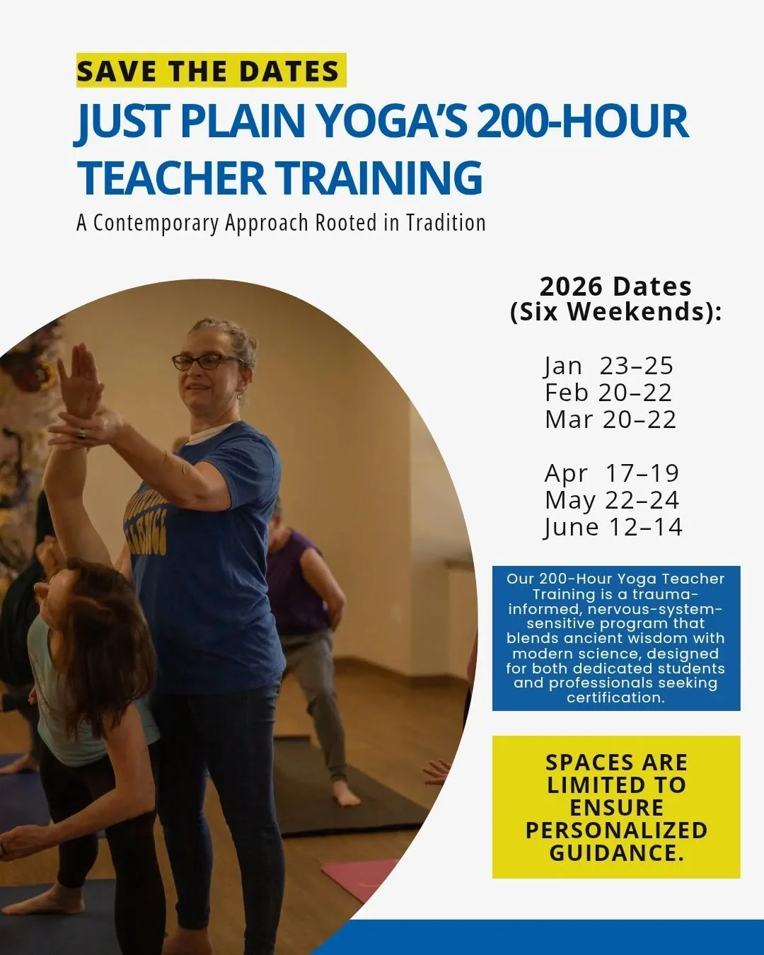 Feeling the pull to go deeper?
Not to do more, but to understand more.

Our 200-Hour Yoga Teacher Training at Just Plain Yoga is an invitation to slow down, study intentionally, and reconnect with the roots of practice, on and off the mat.

This is a