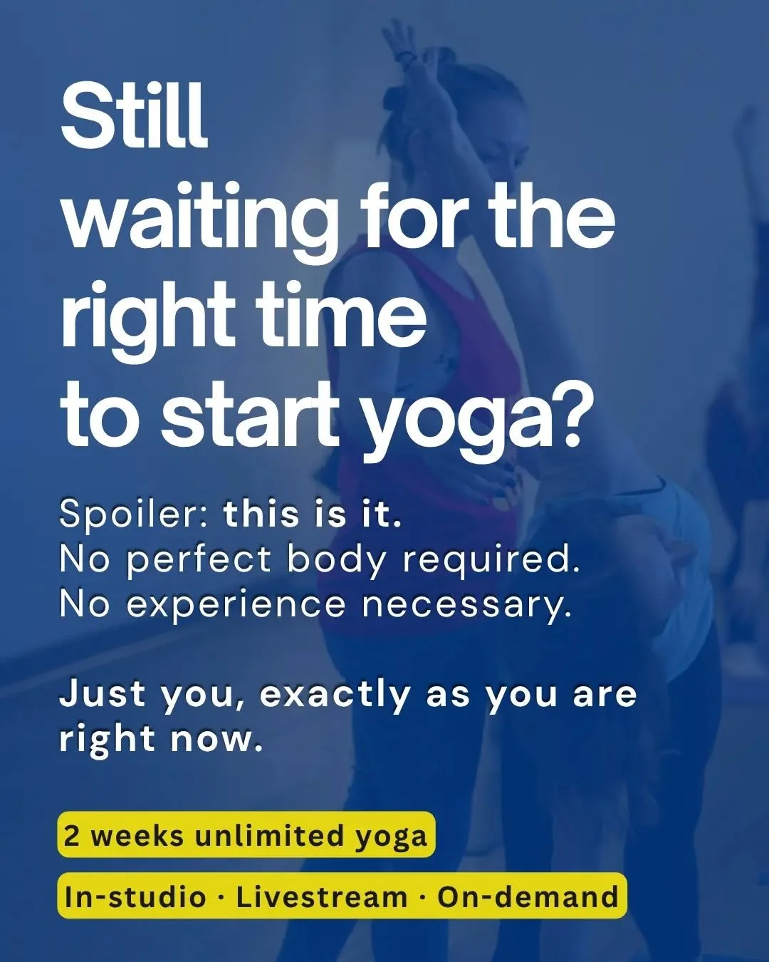 Still waiting for the right time to start yoga? 

Here's your sign.

No perfect body. No experience. No pressure to keep up, look a certain way, or have any idea what you're doing.

Just you &mdash; exactly as you are &mdash; with space to move, brea