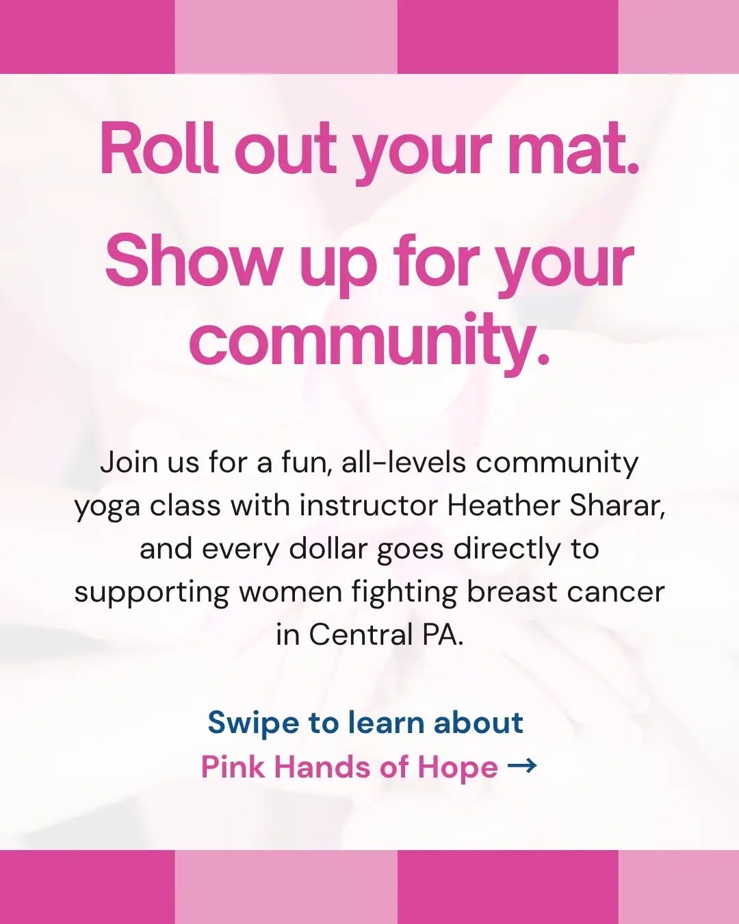 Come move with us. Be part of something good. &thinsp;
&thinsp;
We're hosting a fun, all-levels community yoga class with the incredible Heather Sharar, and this one is extra special.&thinsp;
&thinsp;
All proceeds benefit Pink Hands of Hope, a nonpro