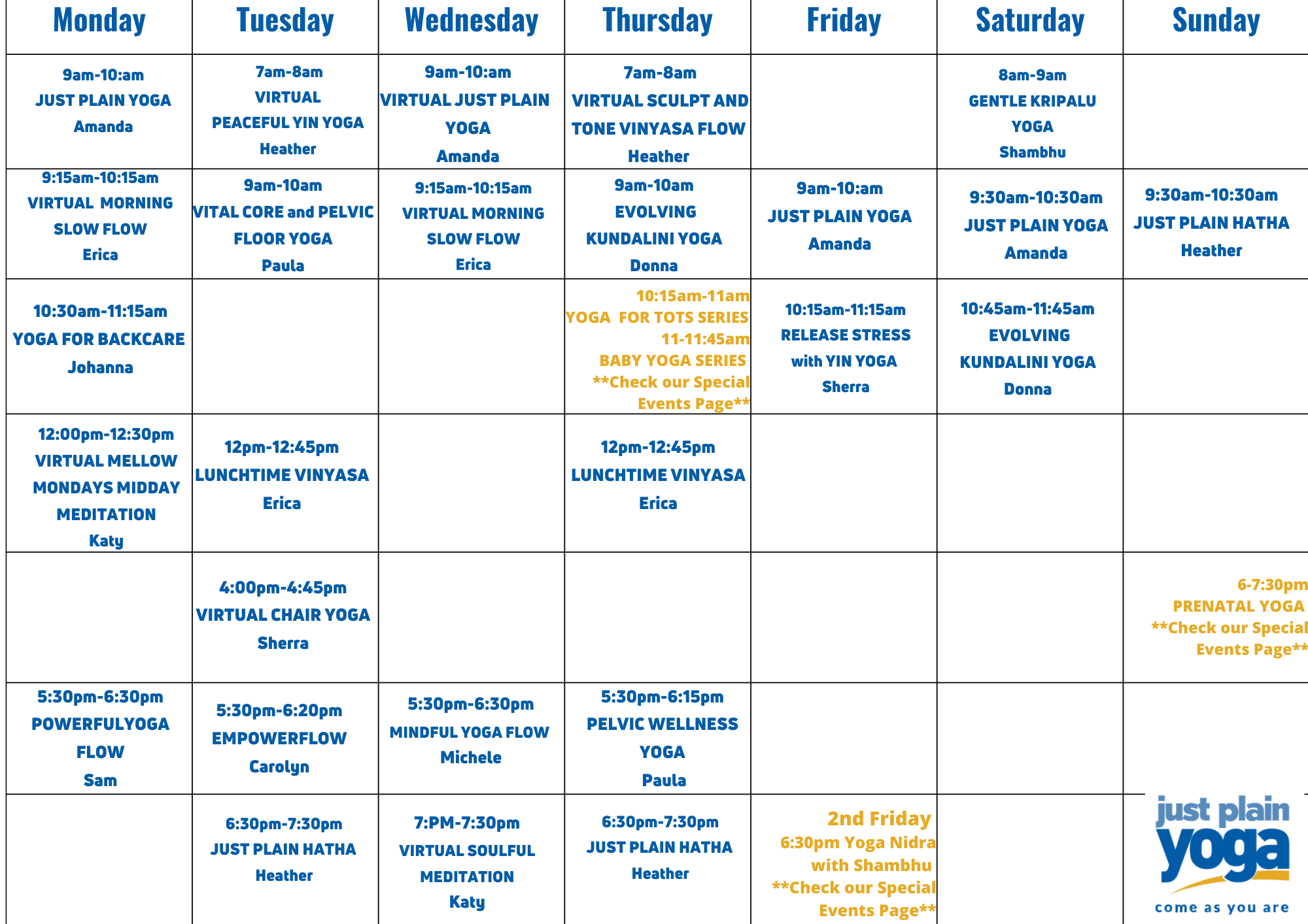 Yoga Class Schedule Camp Hill, PA, Just Plain Yoga, Harrisburg, Lemoyne