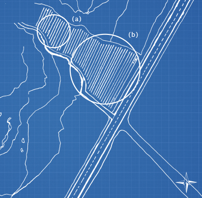 Architectural blueprint of land parcels with topographic lines, showing two marked areas labeled (a) and (b), and a nearby highway or large road.