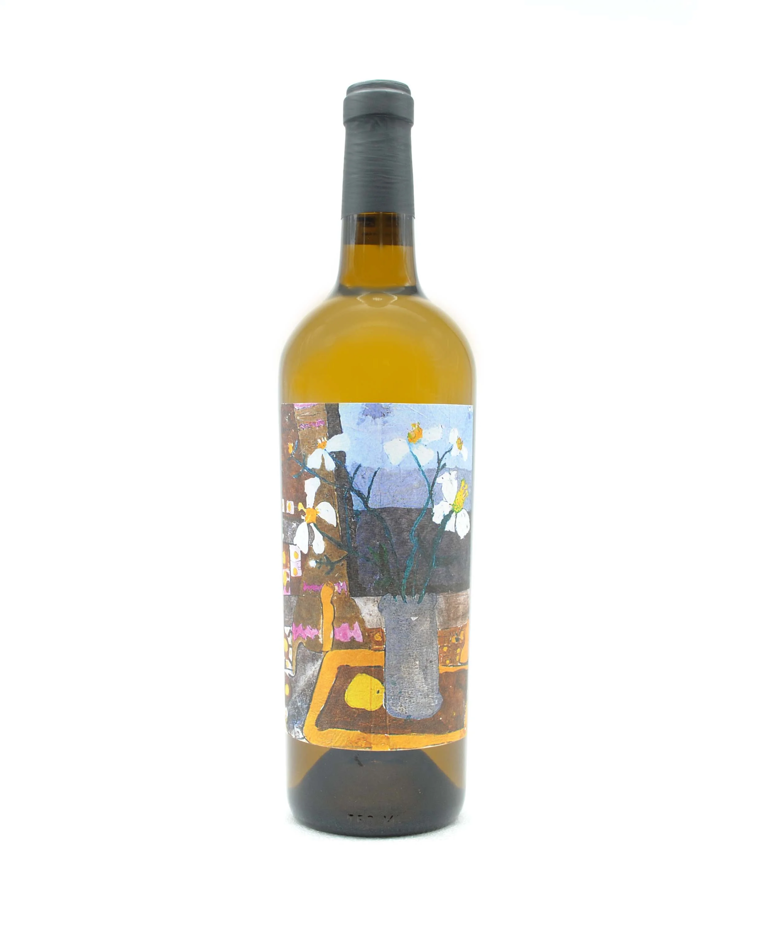 A bottle of wine with a label depicting a still life painting of a potted plant with white flowers on a table, with a background of a window and a landscape scene.