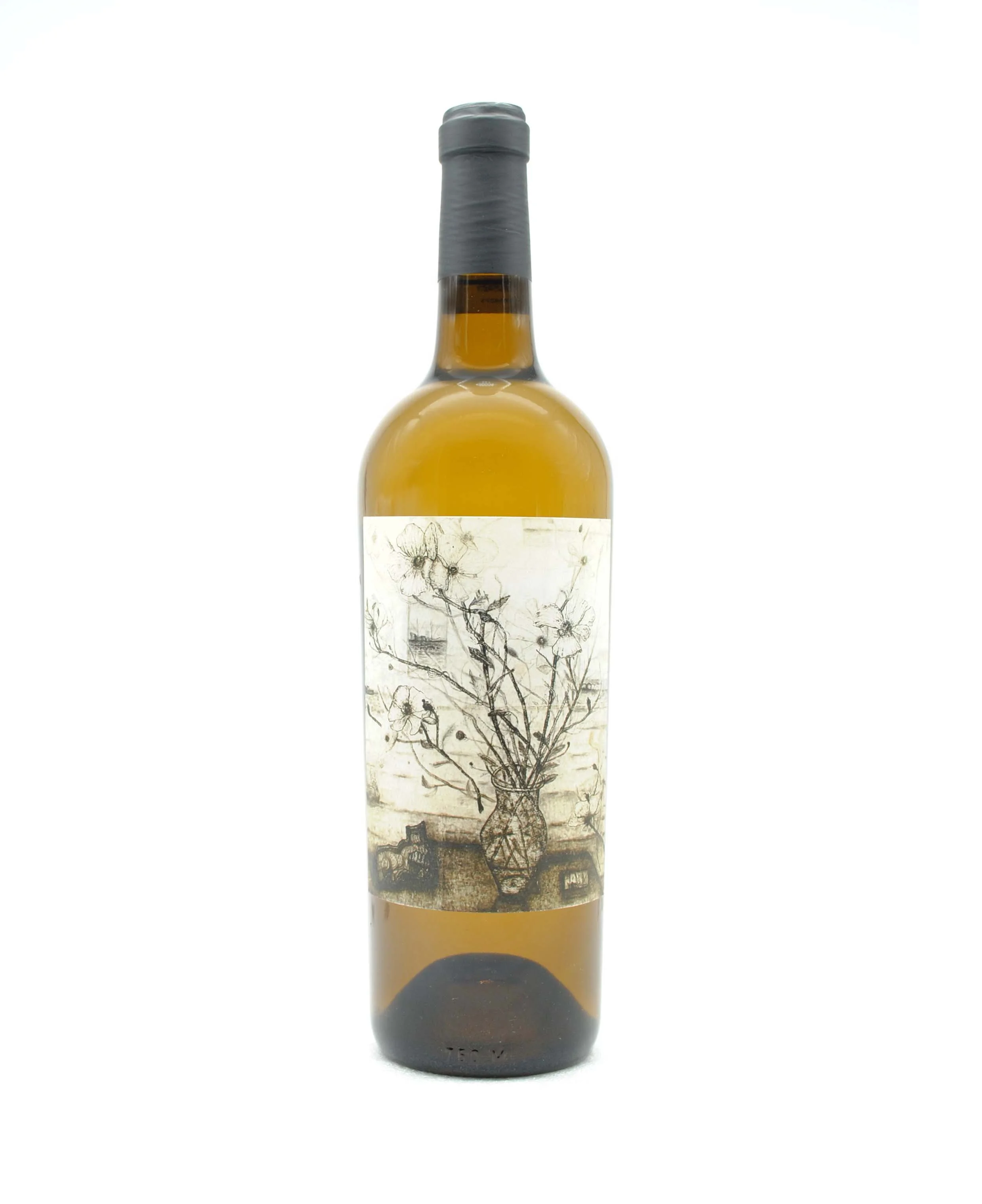 A bottle of white wine with a label featuring a sketch of a vase with flowers on a table.